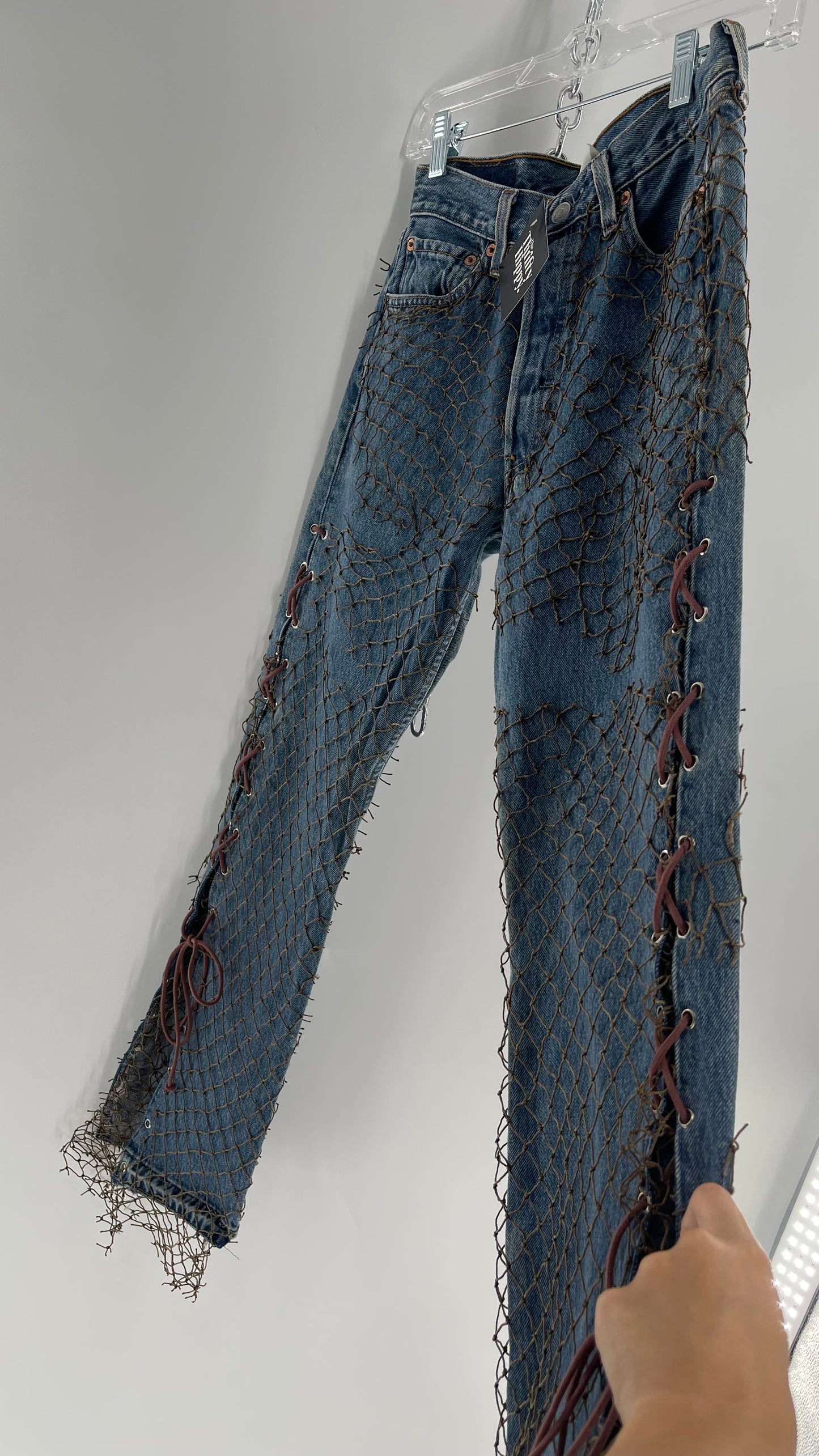 Custom - Fishnet Levi’s with Grommets and Lace Up Sides (Waist 29 Length 30) Fits Like a 26*