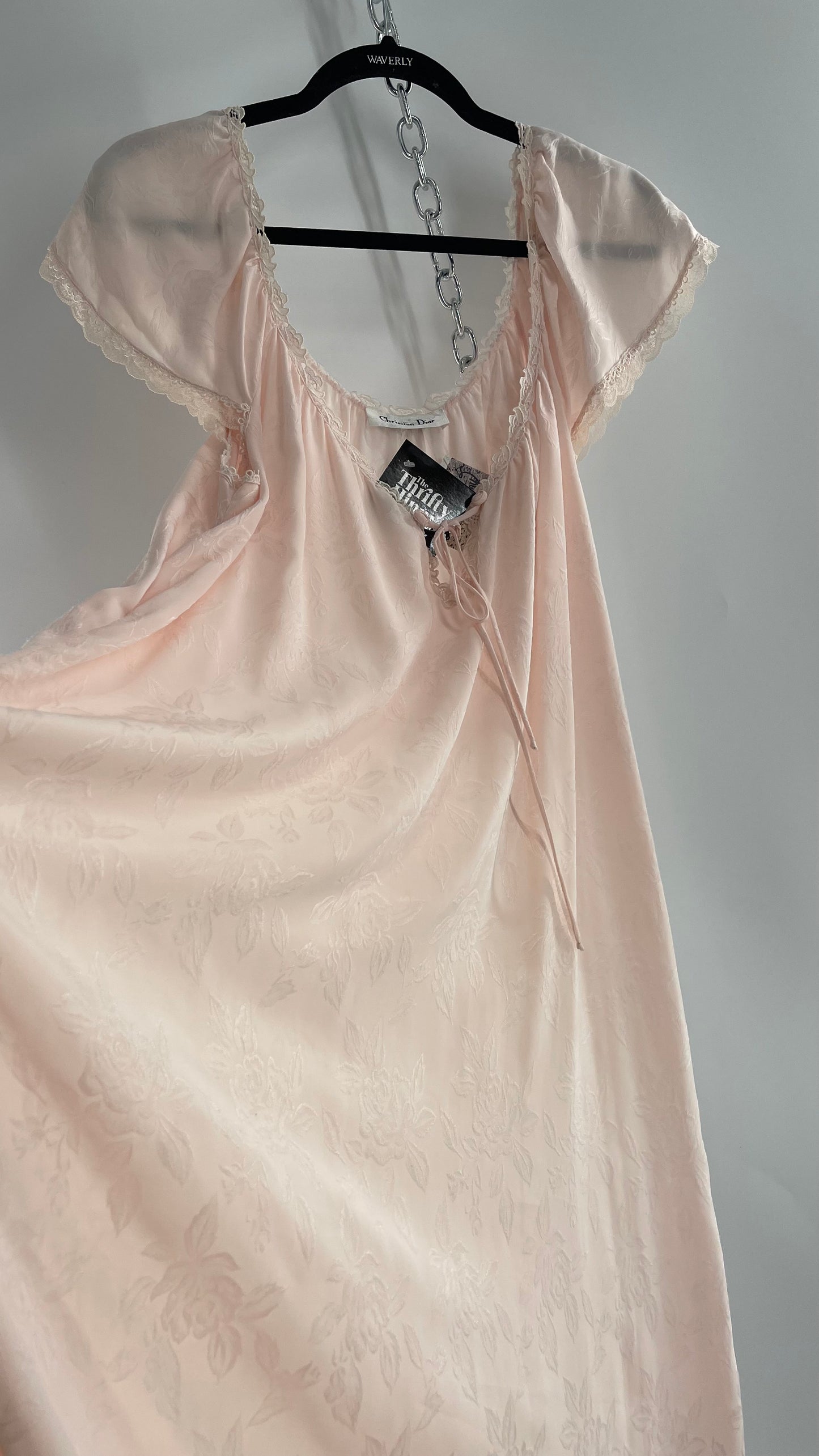 Vintage Christian Dior Pink Night Gown/ Maxi Dress with Floral Embossed Design, Lace Trim and Rosettes (Large)