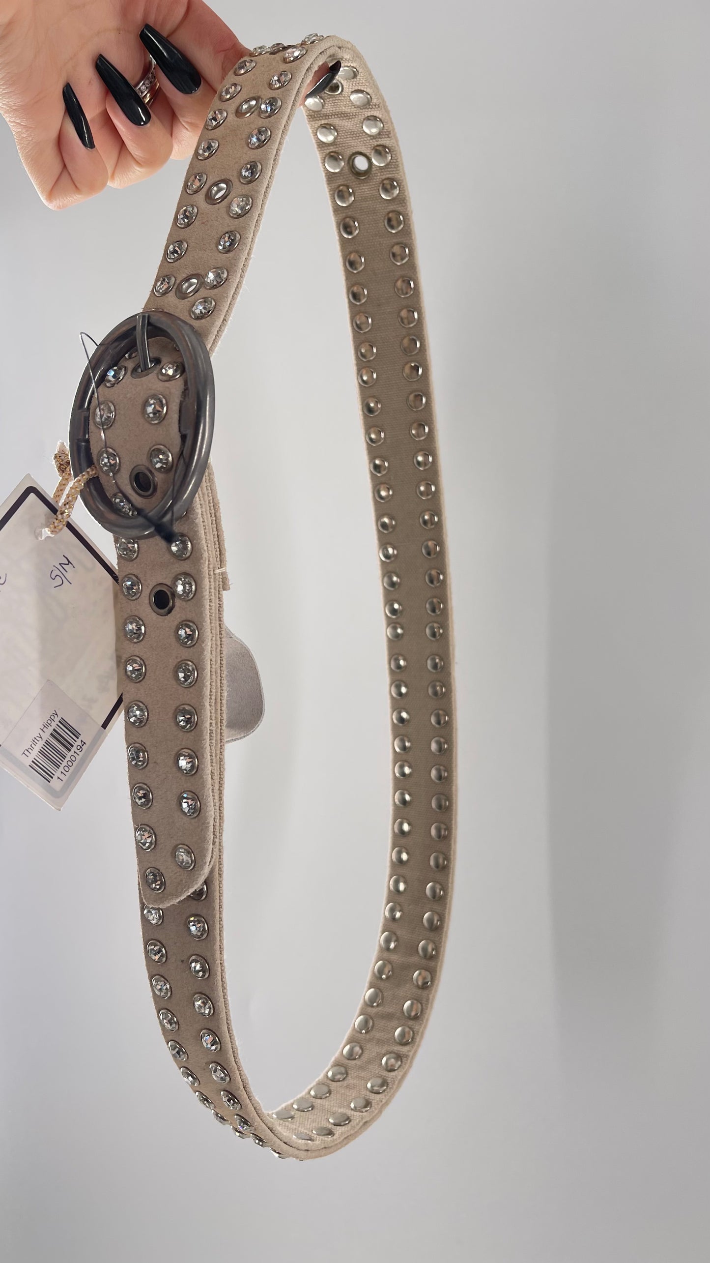 Free People Beige Leather Canvas Studded Rhinestone Crystal Studded Belt with Heavy Metal Buckle (S/M)