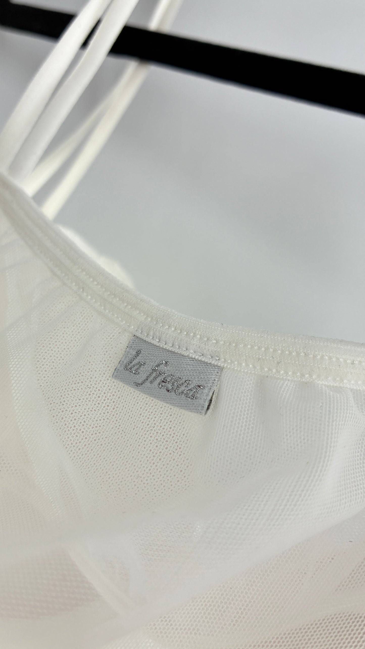 Vintage LA FRESCA White Lace Bustier Babydoll with Mesh Bodice and Beaded Cups/Band (Large)