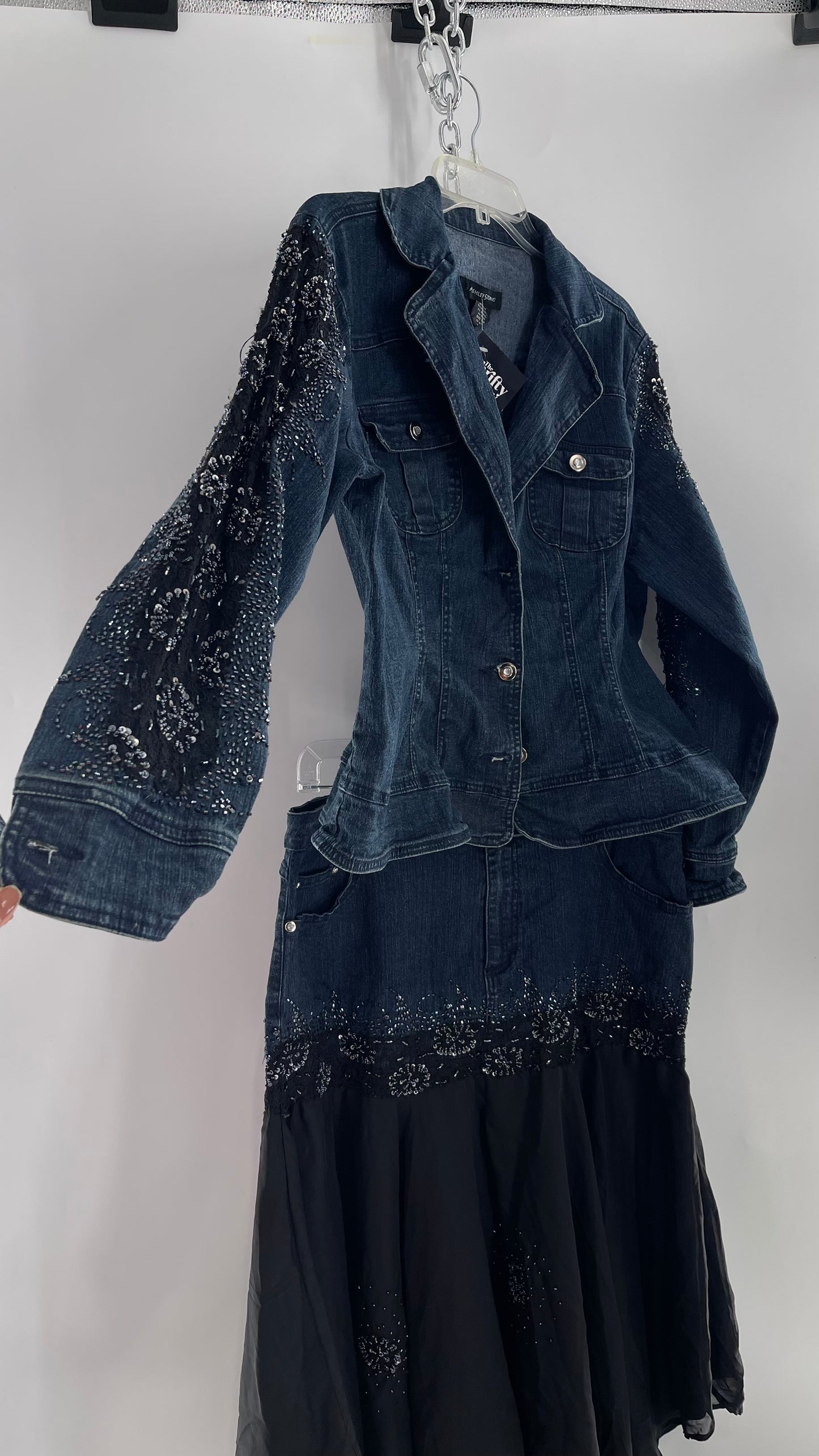 Vintage Ashley Stewart Denim Skirt and Button Up Set with Black Embroidered and Beaded Lace Details + Handkerchief Skirt (16W)
