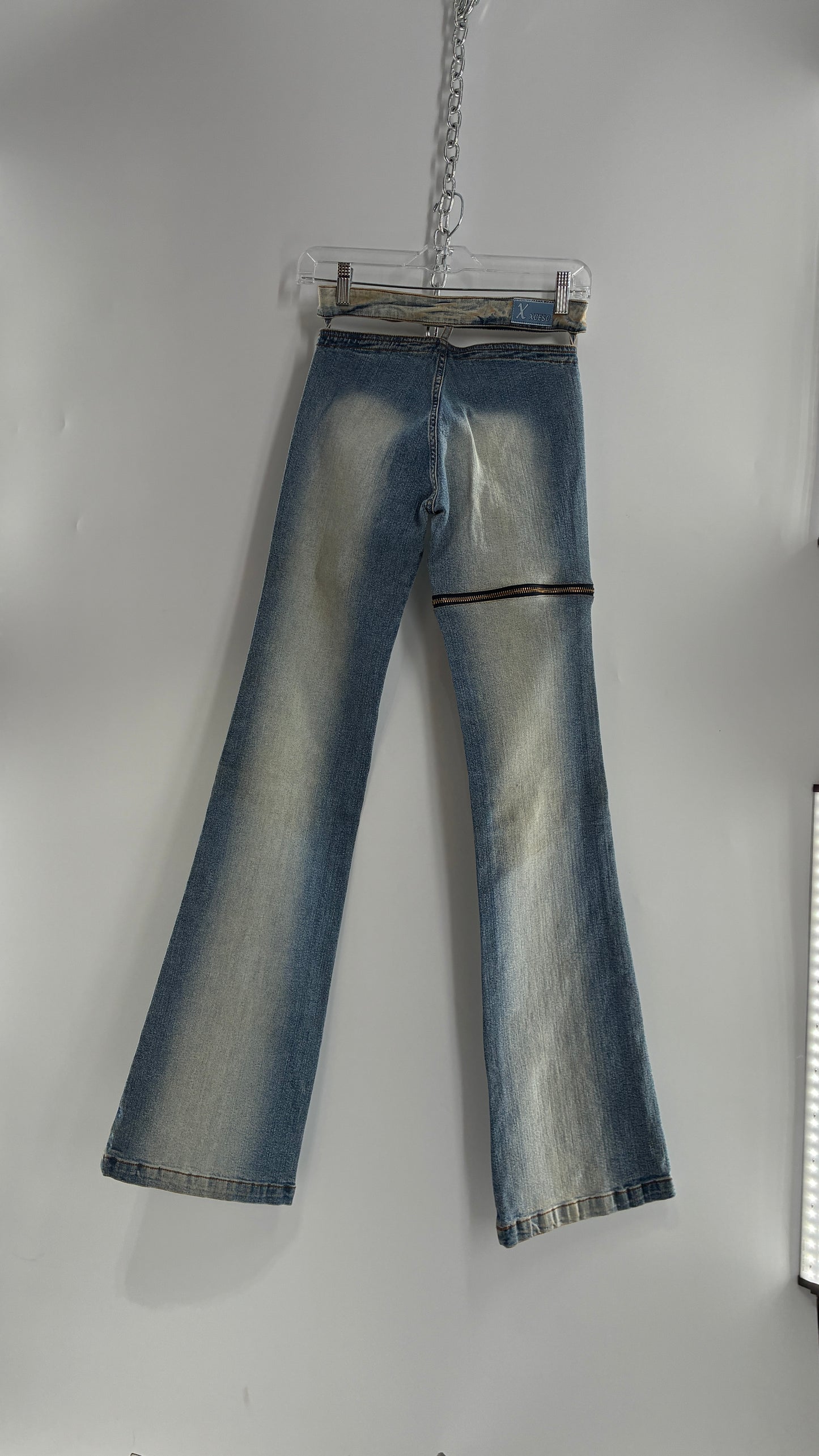 Vintage XCESO JEANS Rare Faded Double Waistband Kickflare Jeans with Functional Zipper Details (Medium*)