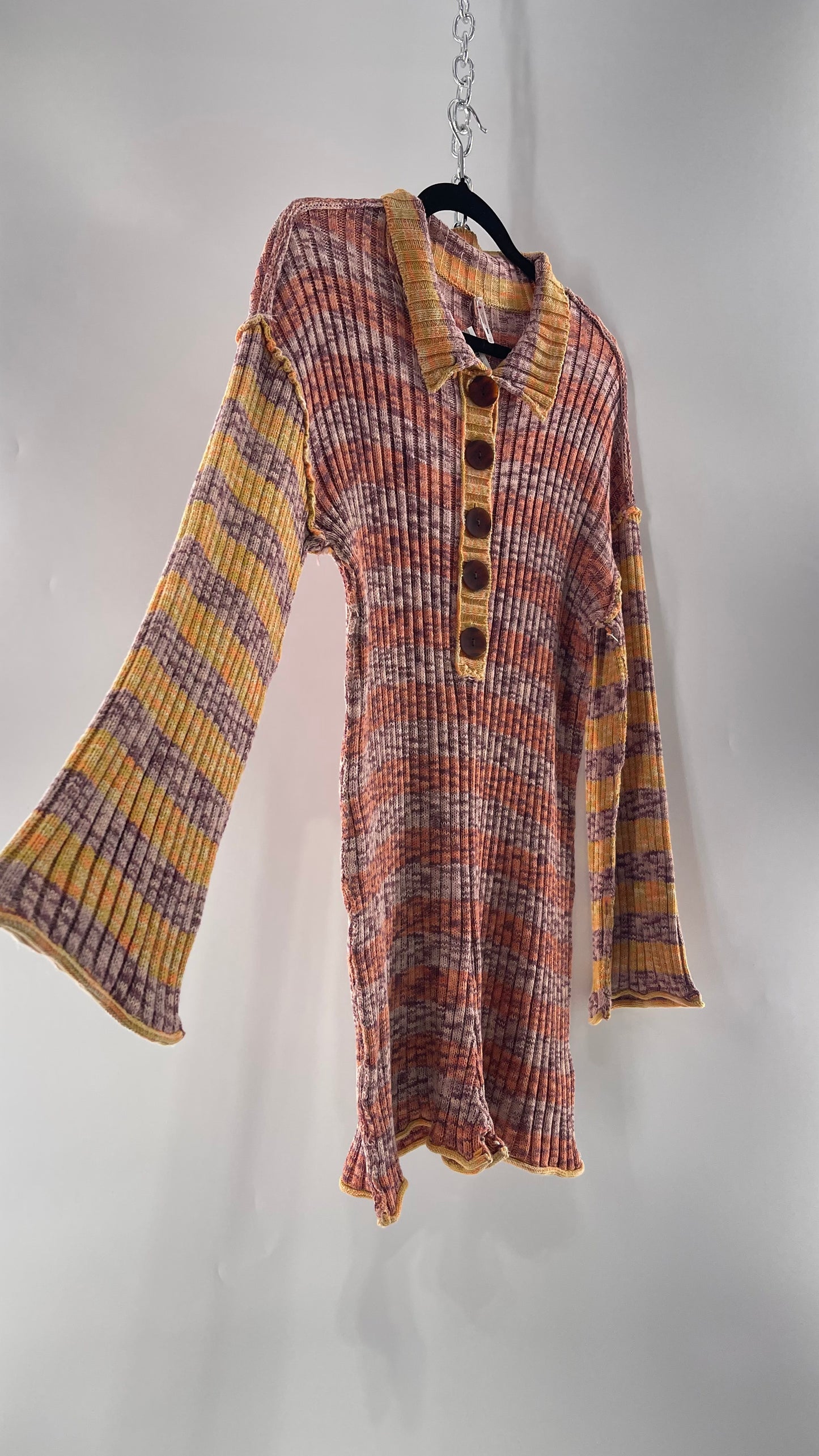 Free People Sunset Thick Knit, Collared, Brown Button Front Shorts Romper with Bell Sleeve (XS)