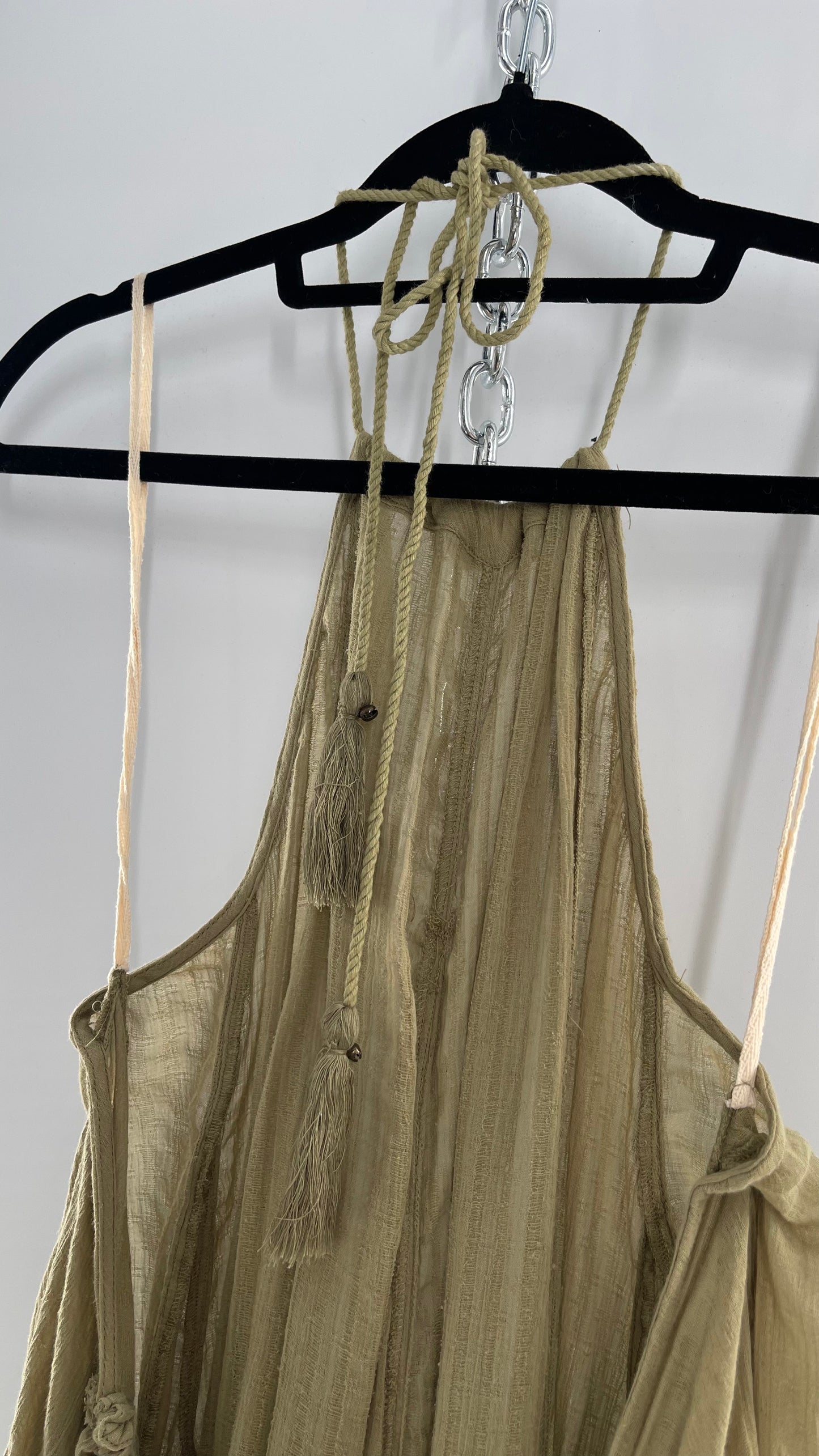 Free People Olive Sage Gauze/Cotton Halter Backless Dress (M)