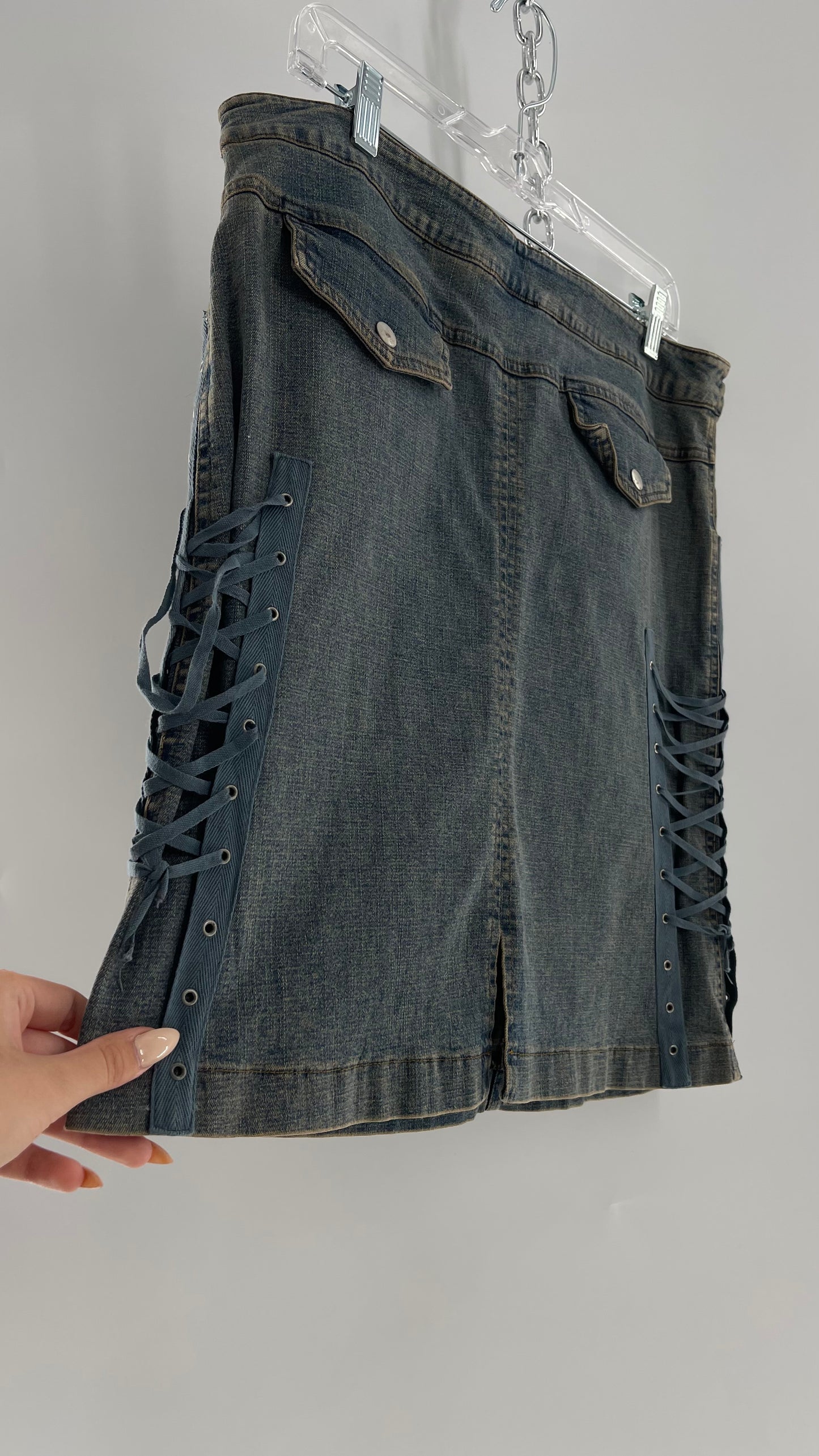Vintage More Feminine w/o Limits Denim Skirt with Grommet Lace Up Sides and Fade (42)