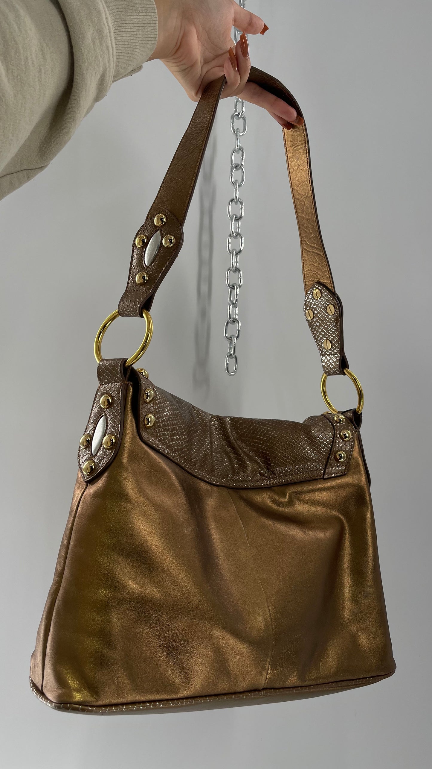 Deadstock Vintage The Find Grandeur Bronze Bag with Grommets, Gemstones, Studs and Exaggerated Buckle