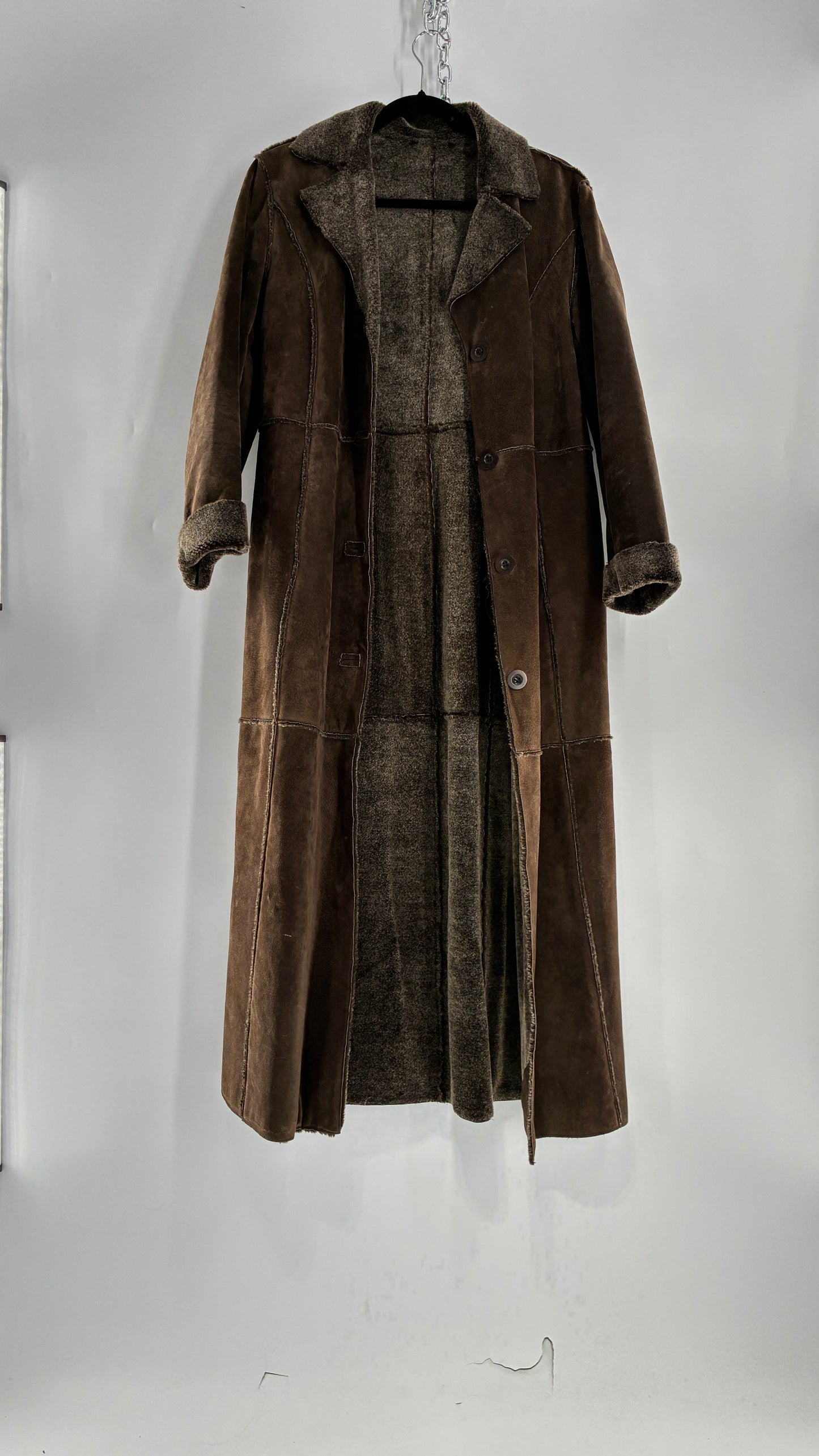 Vintage WINLIT Brown Full Length Paneled Suede Leather Coat (Small)