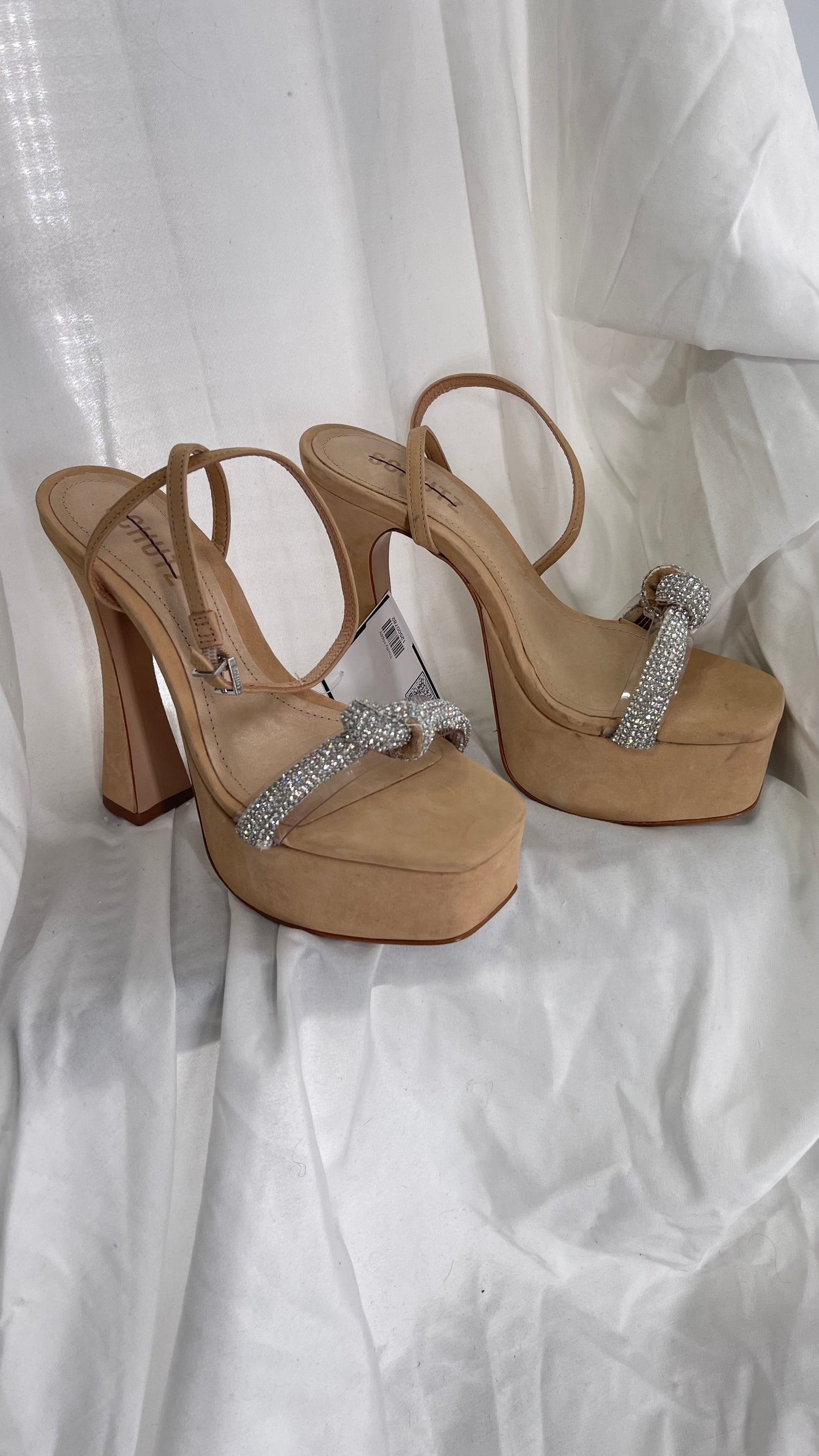 SCHÜTZ Peaky Beige/Tan/Nude Platform Heel with Funky Heel and Clear Knot Rhinestone Toe Strap (6)