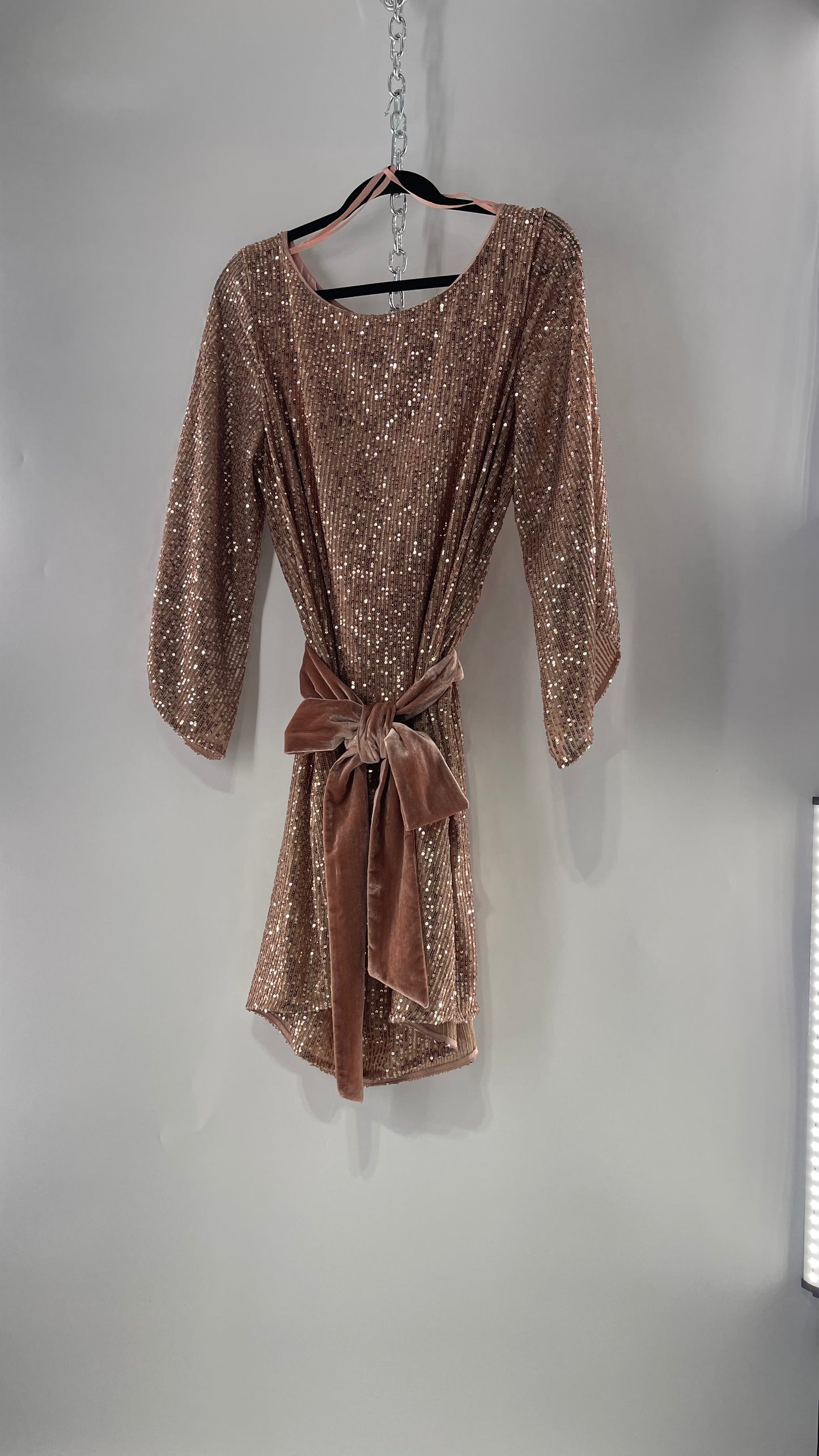 Anthropologie Rose Gold Sequin Dress with Velvet Waist Belt and Tags Attached (XL)