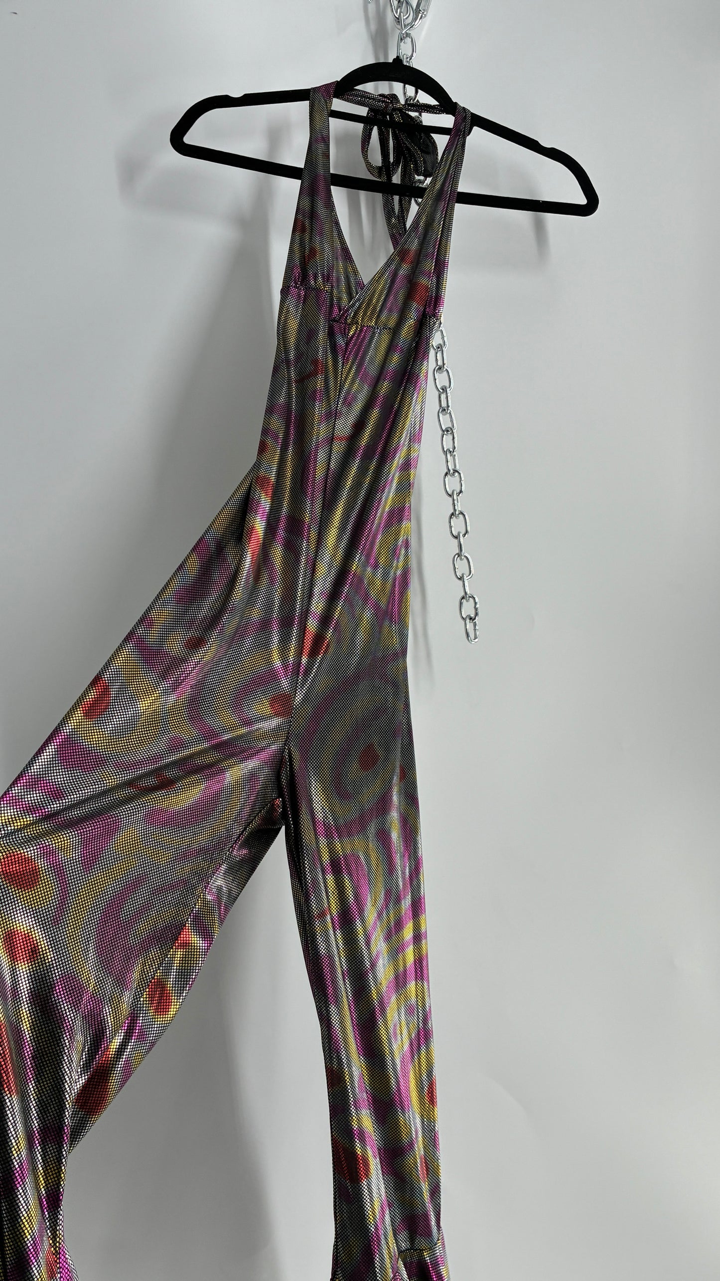 1970s Style Bell Bottom Psychedelic Metallic Jumpsuit with Waist Cinching Back Ties (S/M)