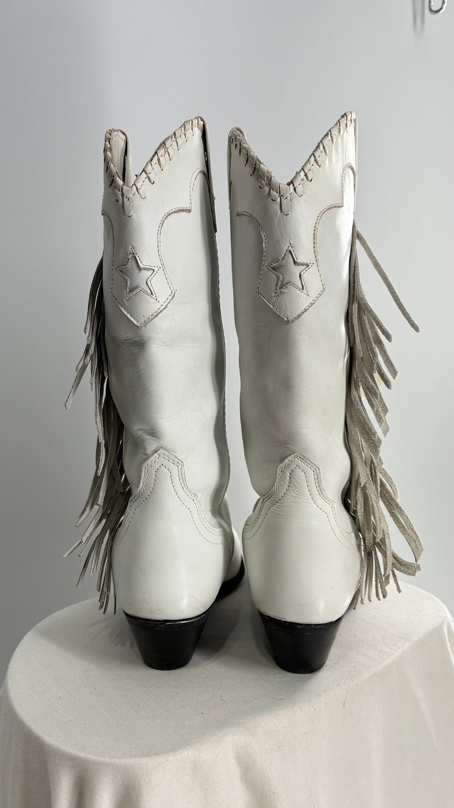 Deadstock Vintage ACME White Cowboy Boots with Braided Cuff, Fringe Sides(6)