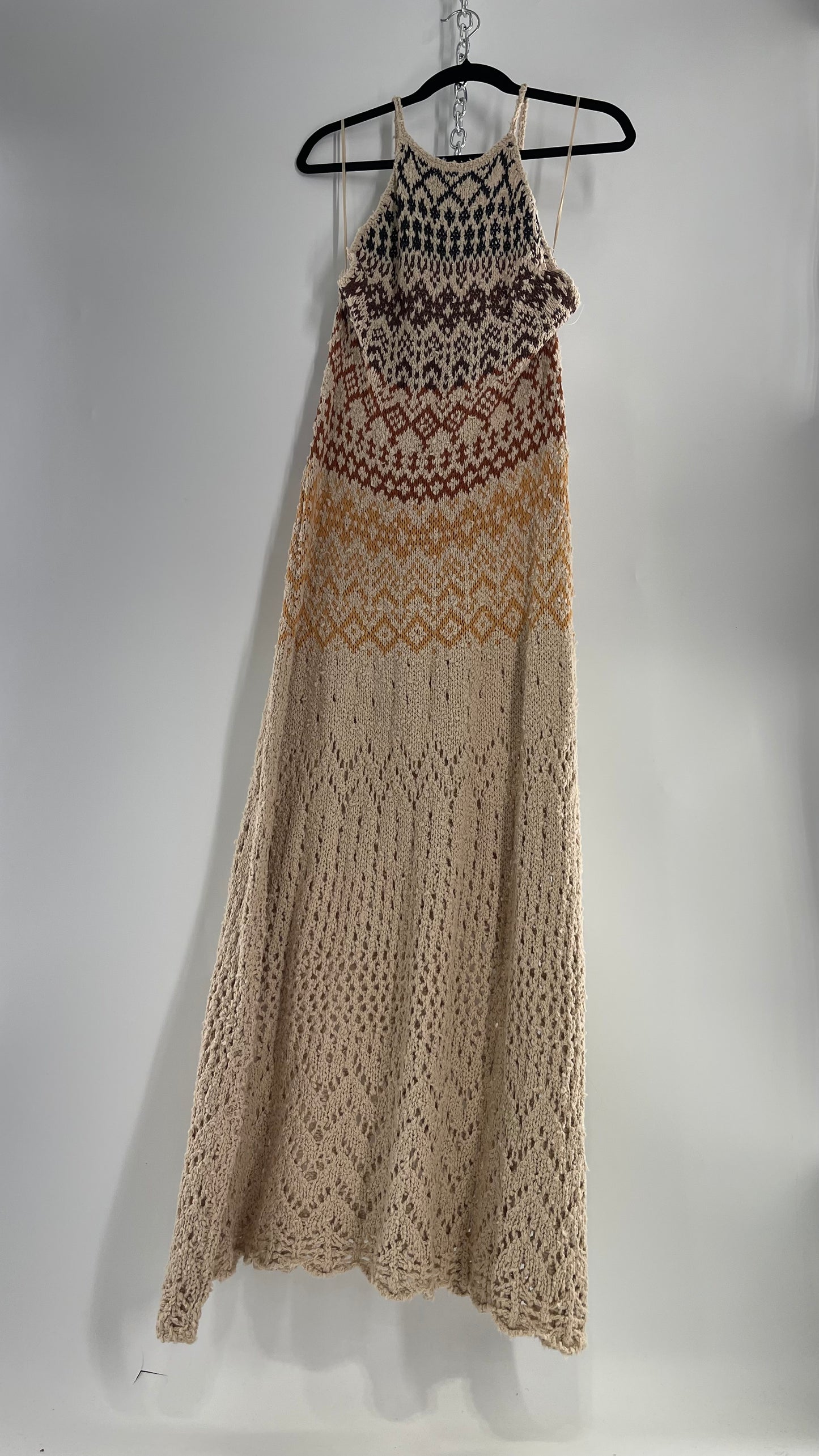 Free People Beige Ikat Oasis Knit Halter Maxi Dress (Small)