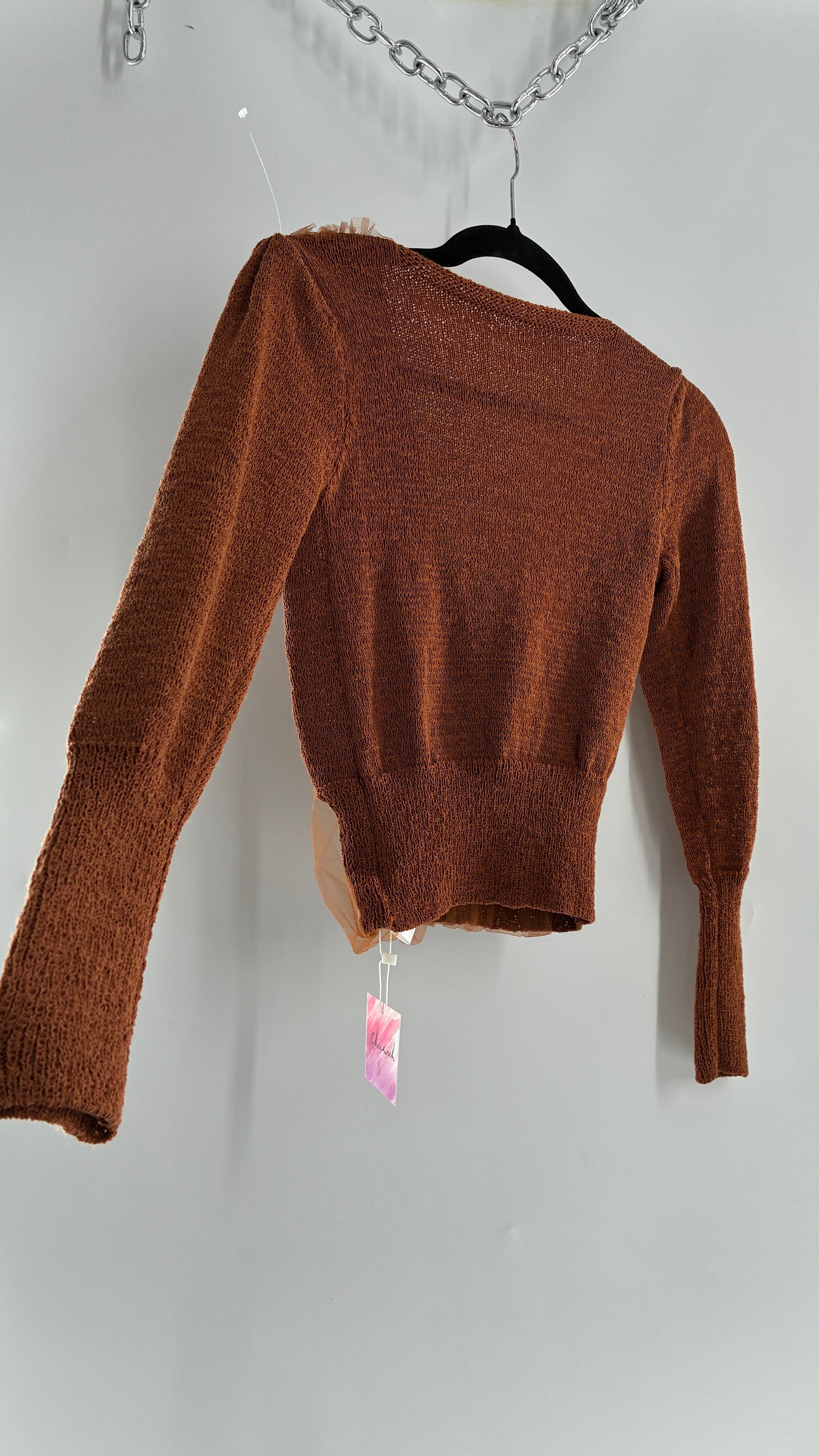 CHICWISH Brown Heavy Knit Balloon Sleeve, Tulle Ruched Details, and Tags Attached (Small)