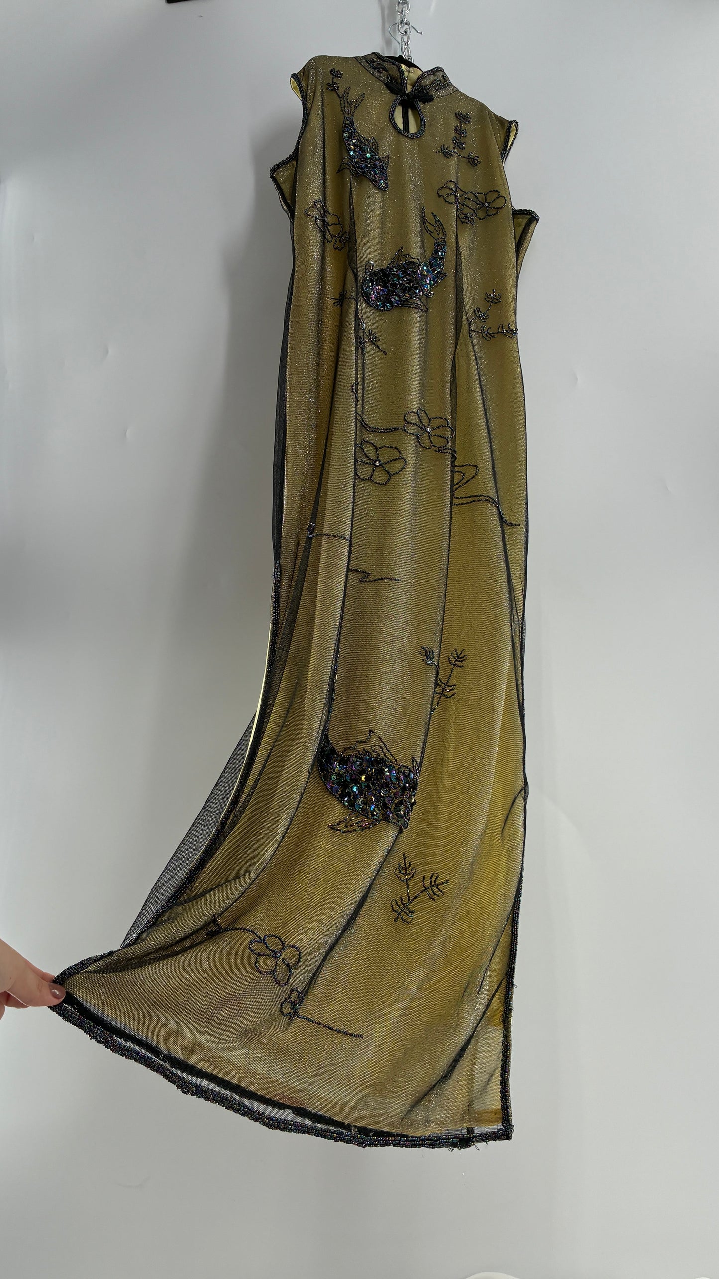 Vintage 1990s One of a Kind Handmade, Green Gown with Beaded Koi Fish, Metallic Tulle Overlay, and Symmetric Back (Medium)