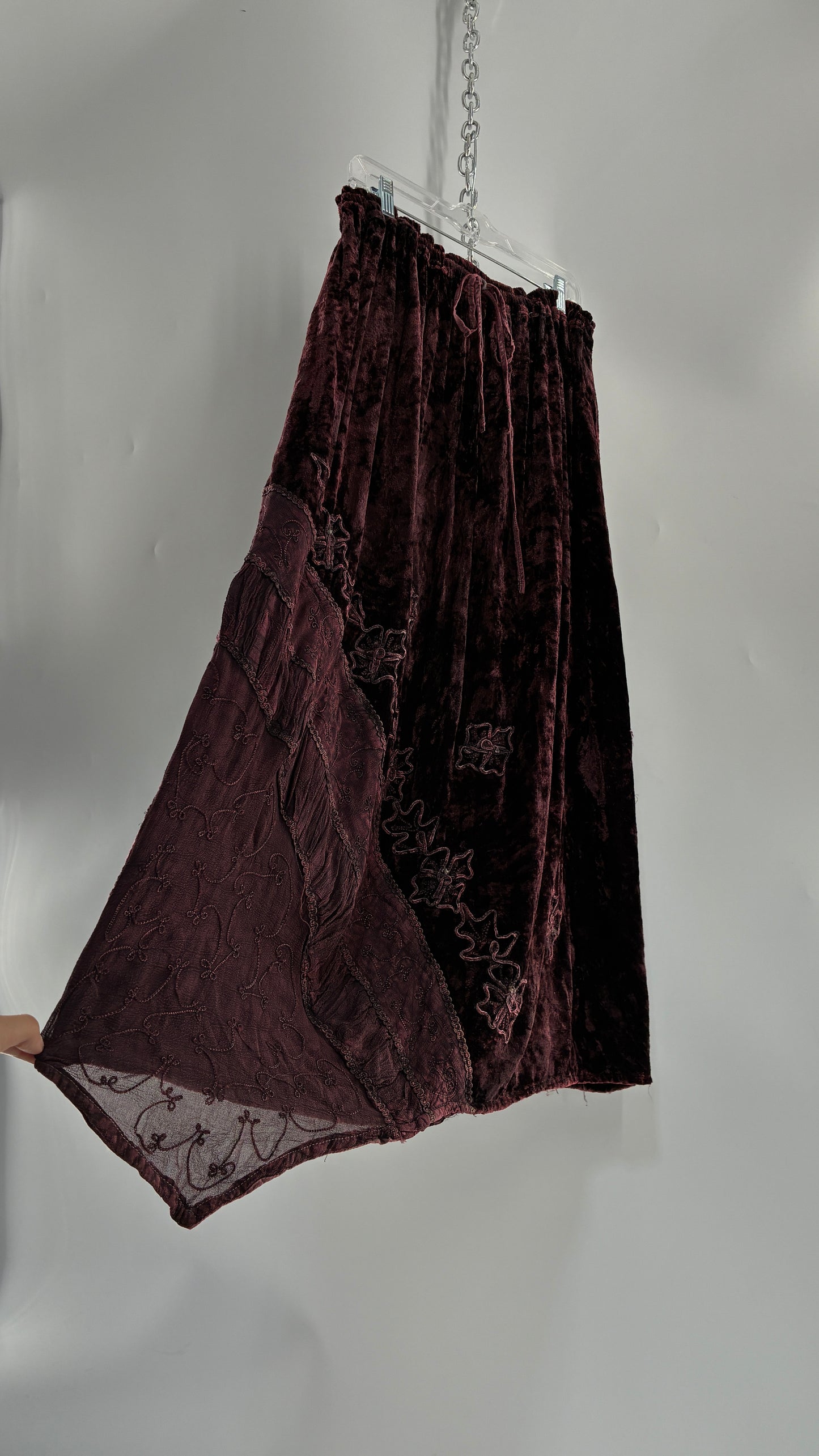 Vintage 1990s Burgundy Velvet Tie Back Blouse and Sheer Paneled Skirt (OS)