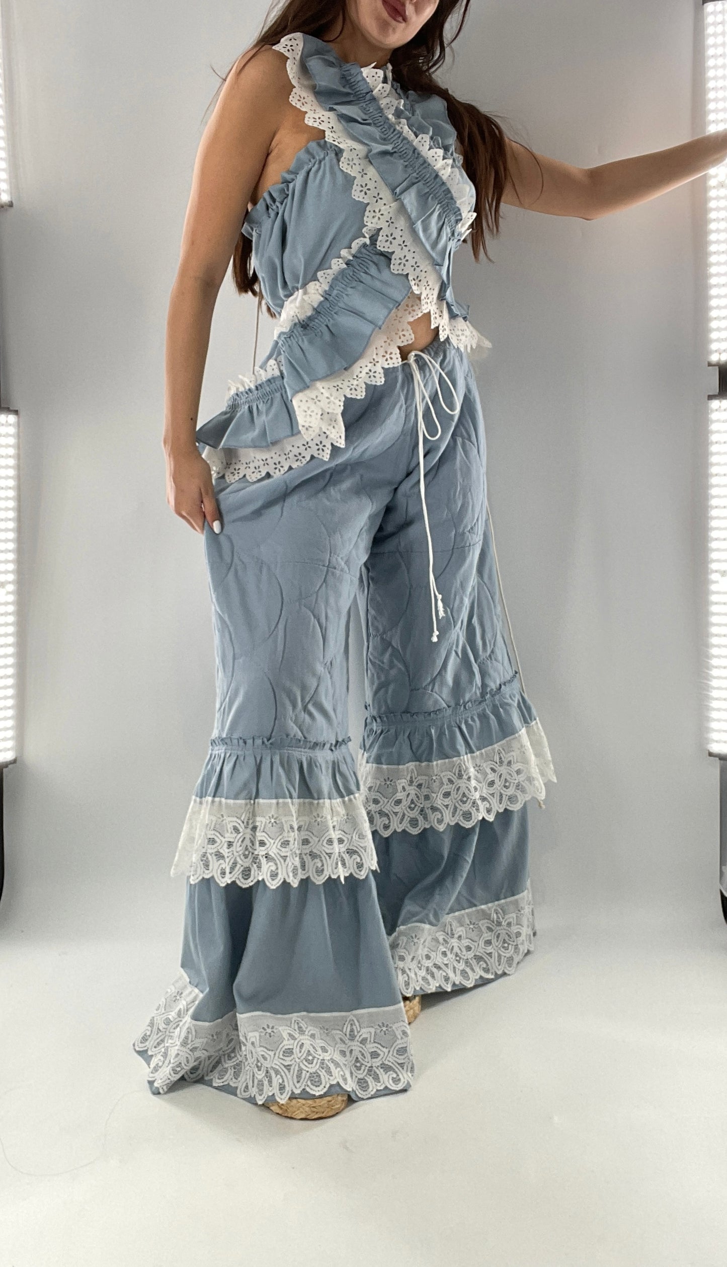 Vintage 2 Piece Powder Blue Set Featuring 2Way Blouse and Quilted Trousers Covered in Ruffles, Lace and Trim (One Size)
