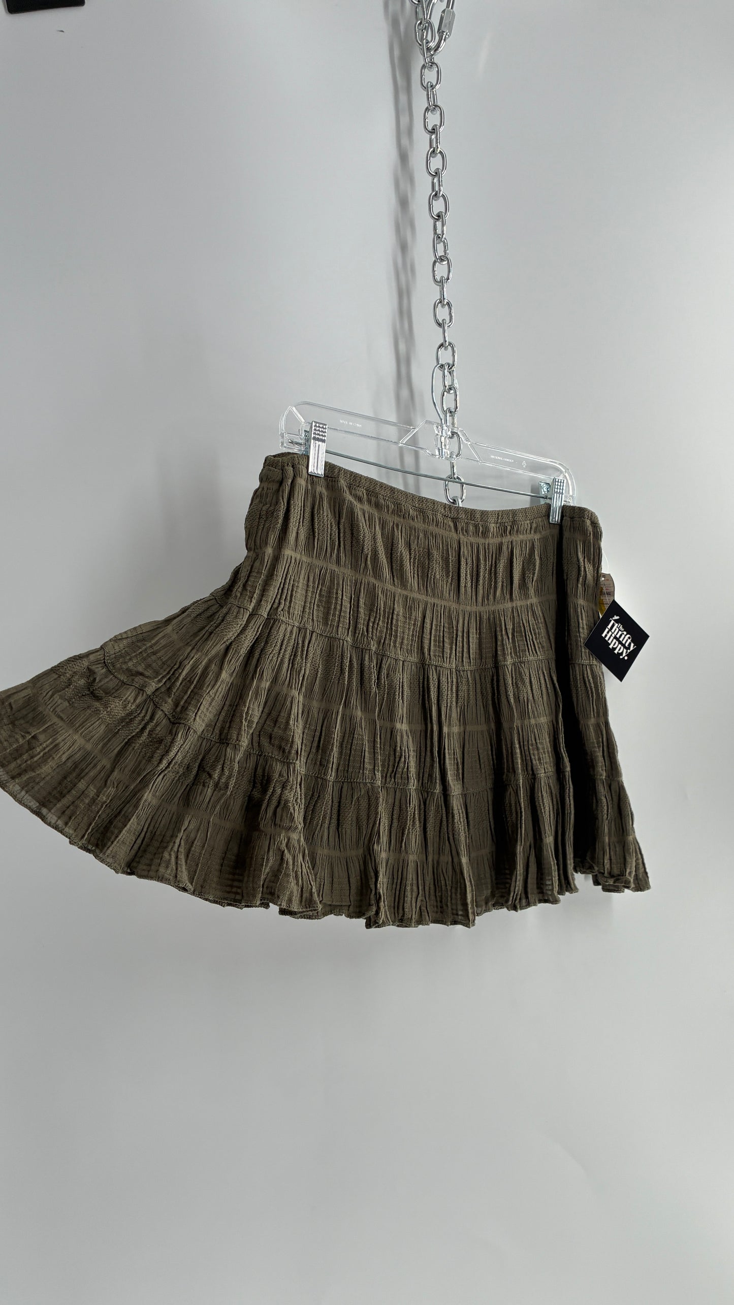 Deadstock Vintage FILENES BASEMENT Army Green Tiered Crimped Cotton Micro Mini Skirt (Large)