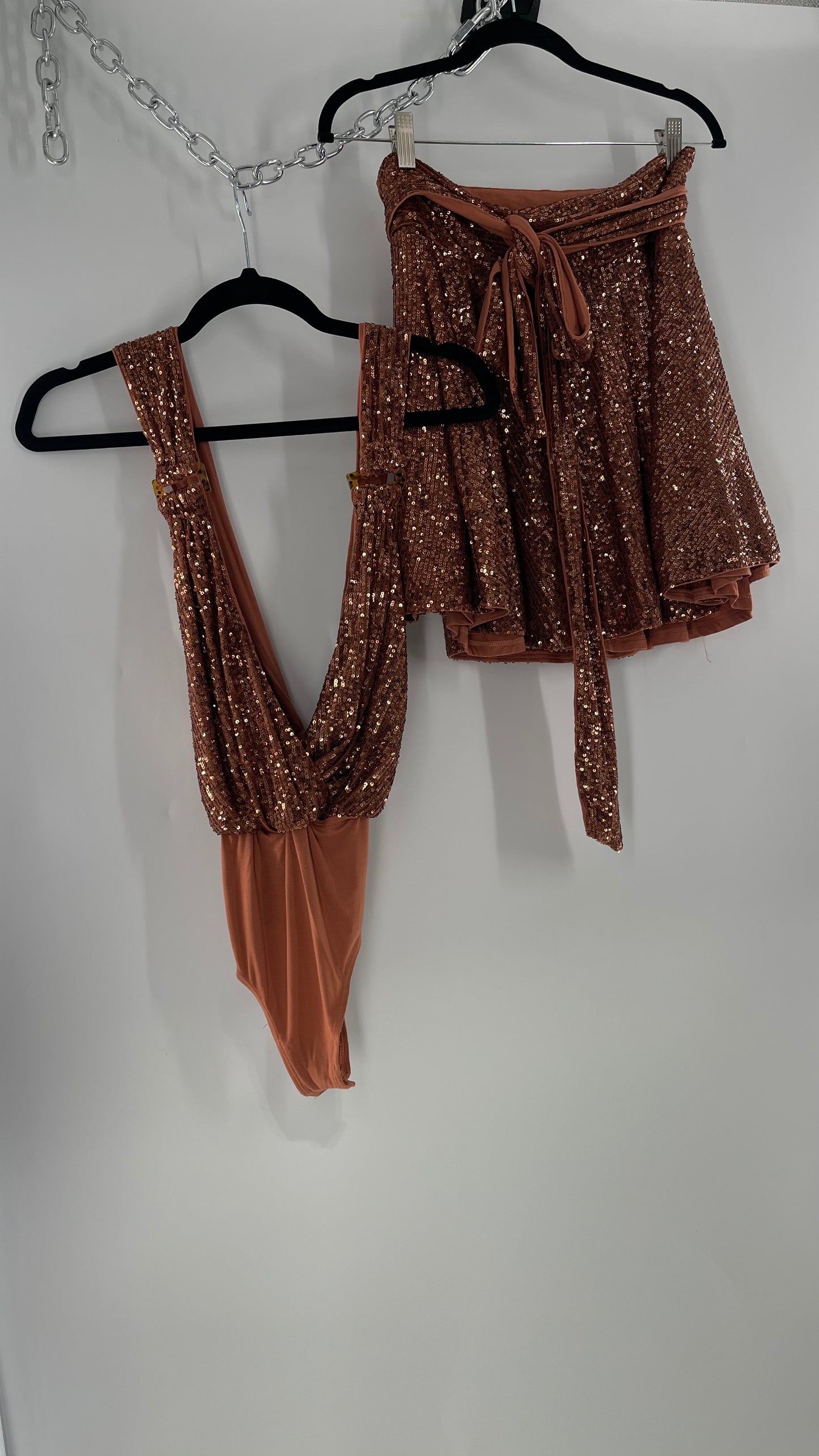 Free People Bronze Sequin 2Piece Set with Wrap Around Skirt and Bodysuit (XS body, S Skirt)