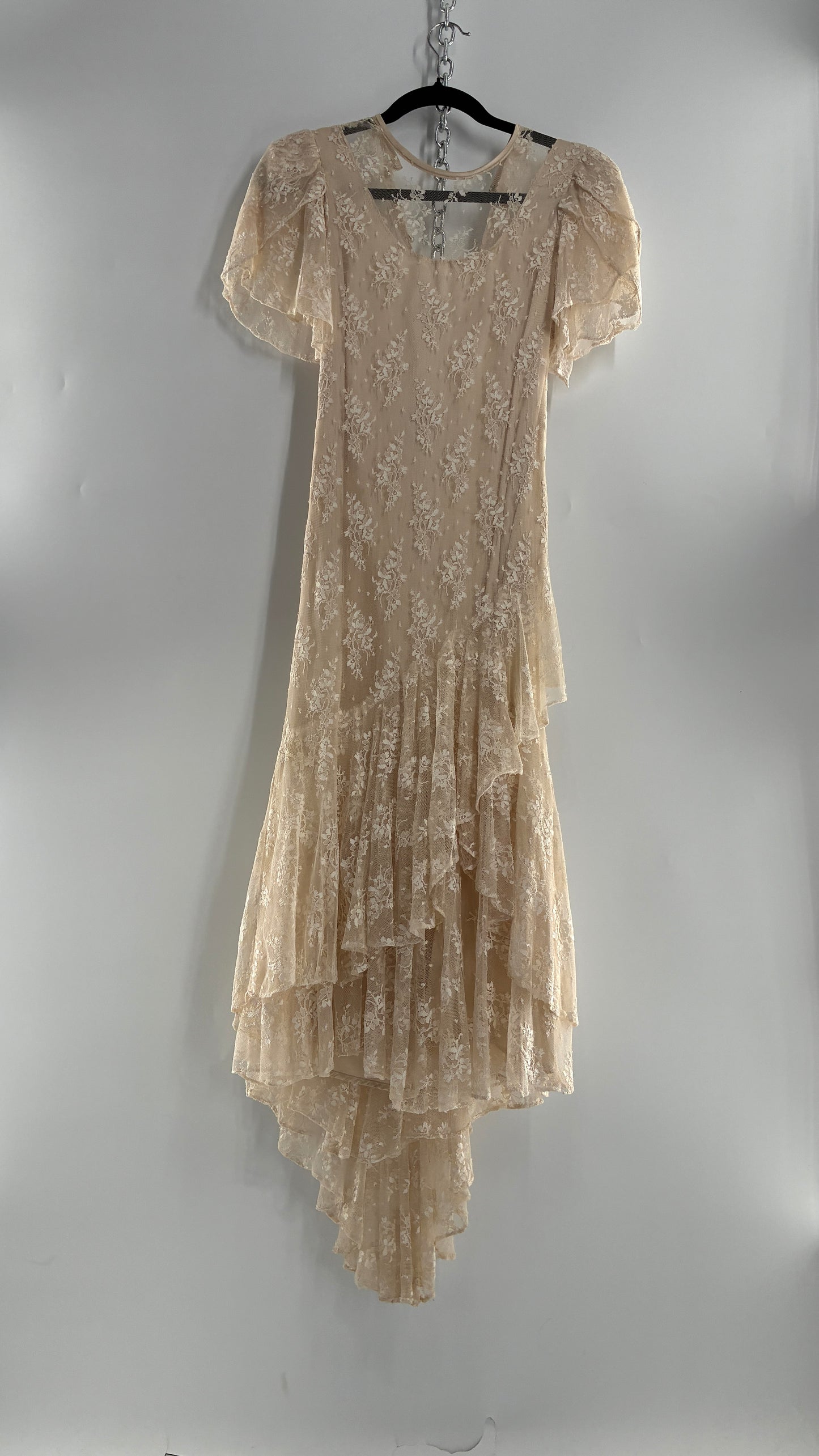 Vintage Ivory Lace Gown with Petal Sleeves, Tiered Hemline (5/6)