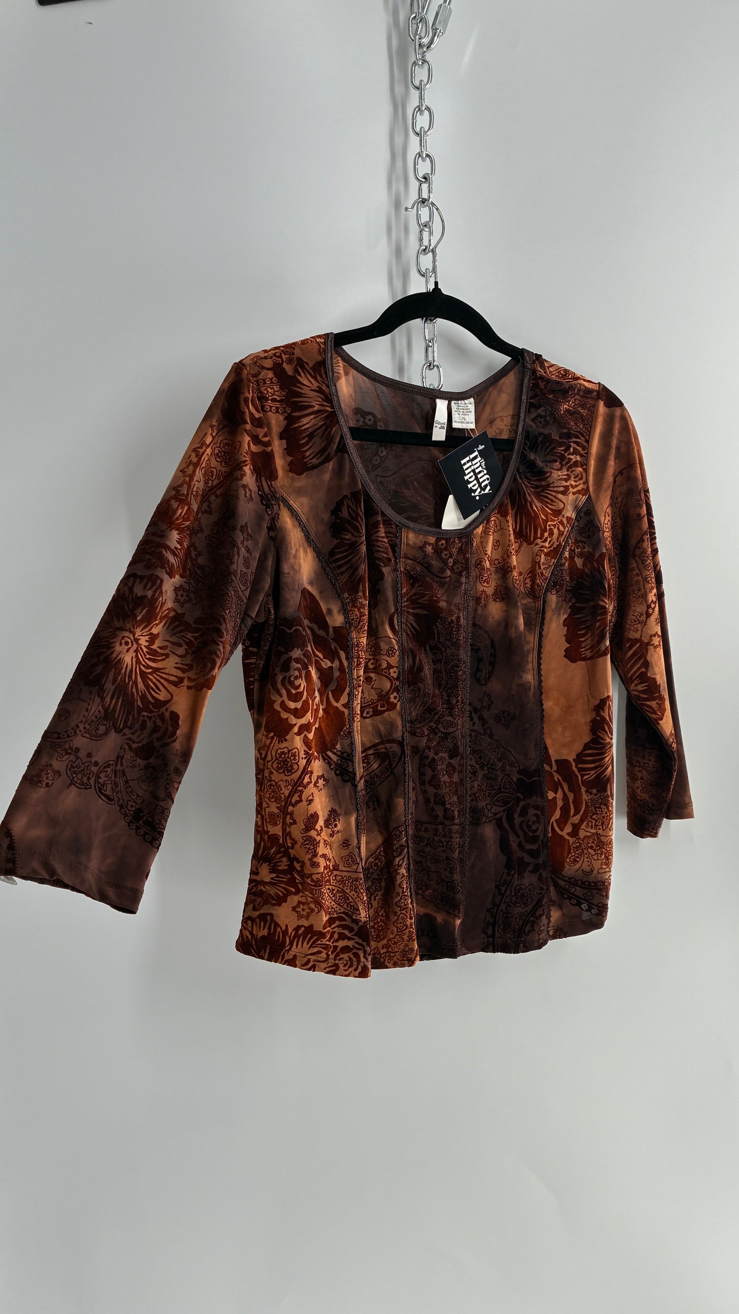 1990s Vintage SAMI + JO Velvet Burnout Brown and Orange Top (XL)