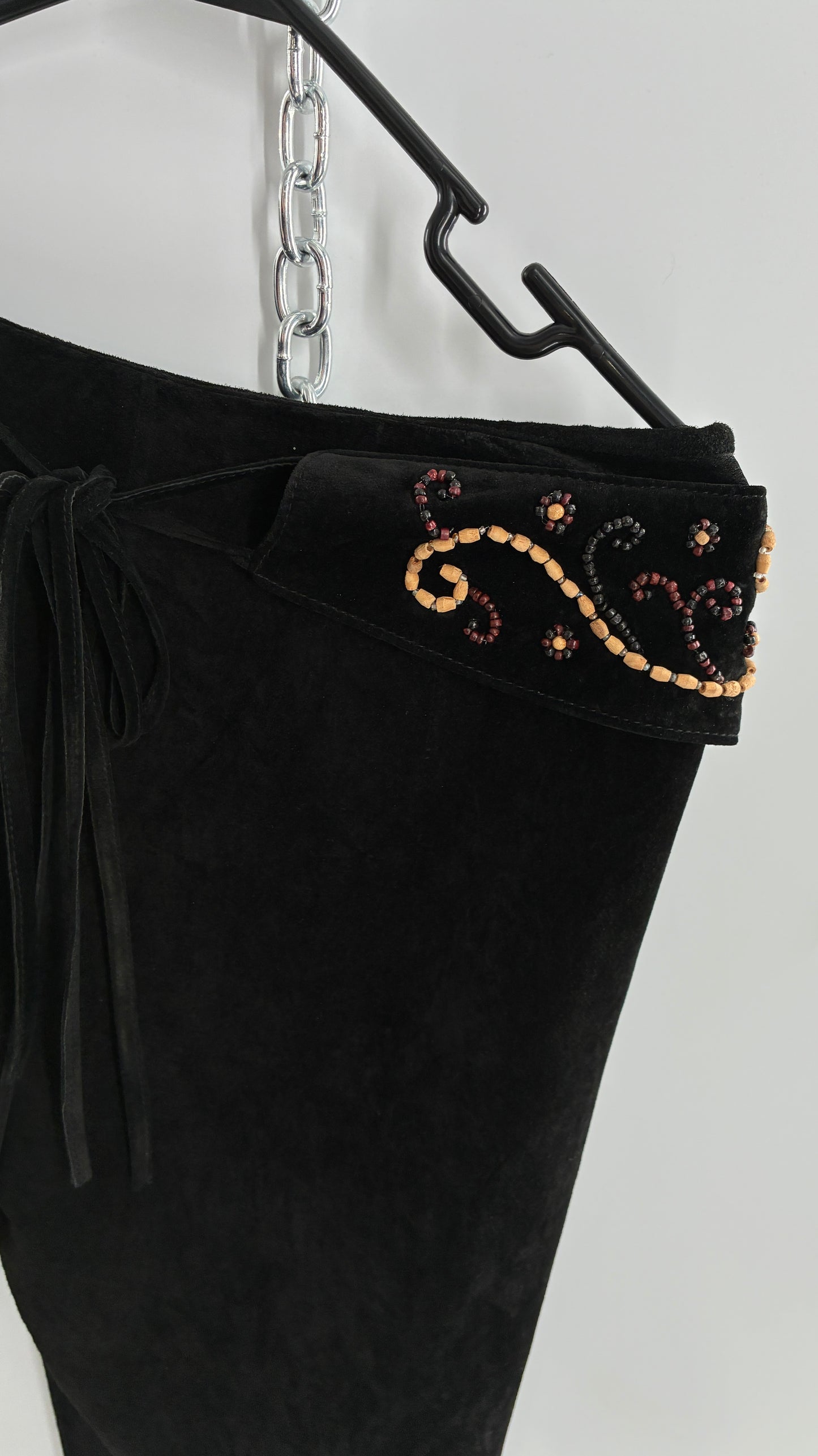 Vintage Margaret Godfrey Black Genuine Suede Leather Kick Flares with Wide Beaded Belt (10)
