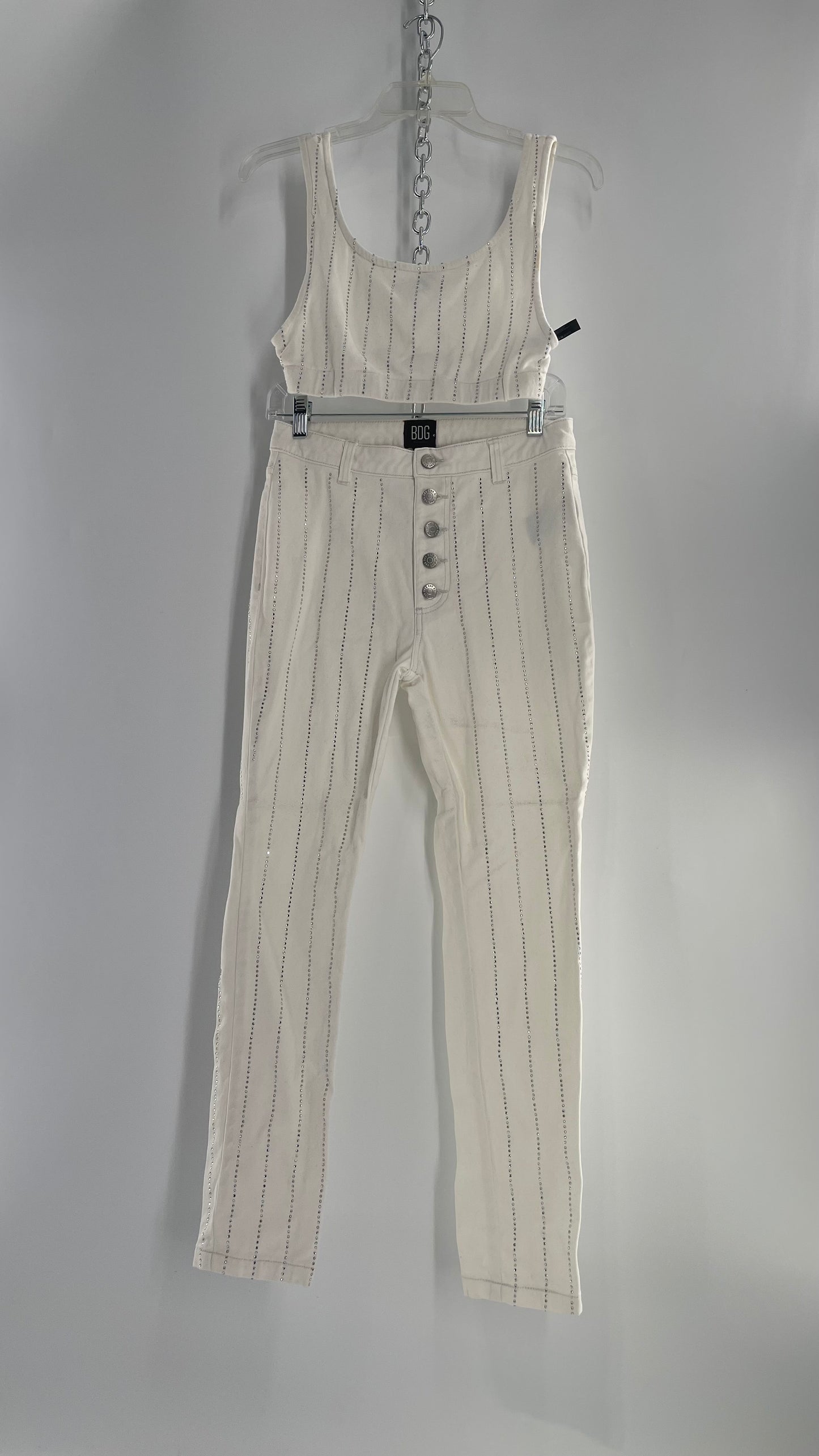 BDG White Jeans (S) With Rhinestones and Sleeveless Cropped White Top With Rhinestones Set (S)