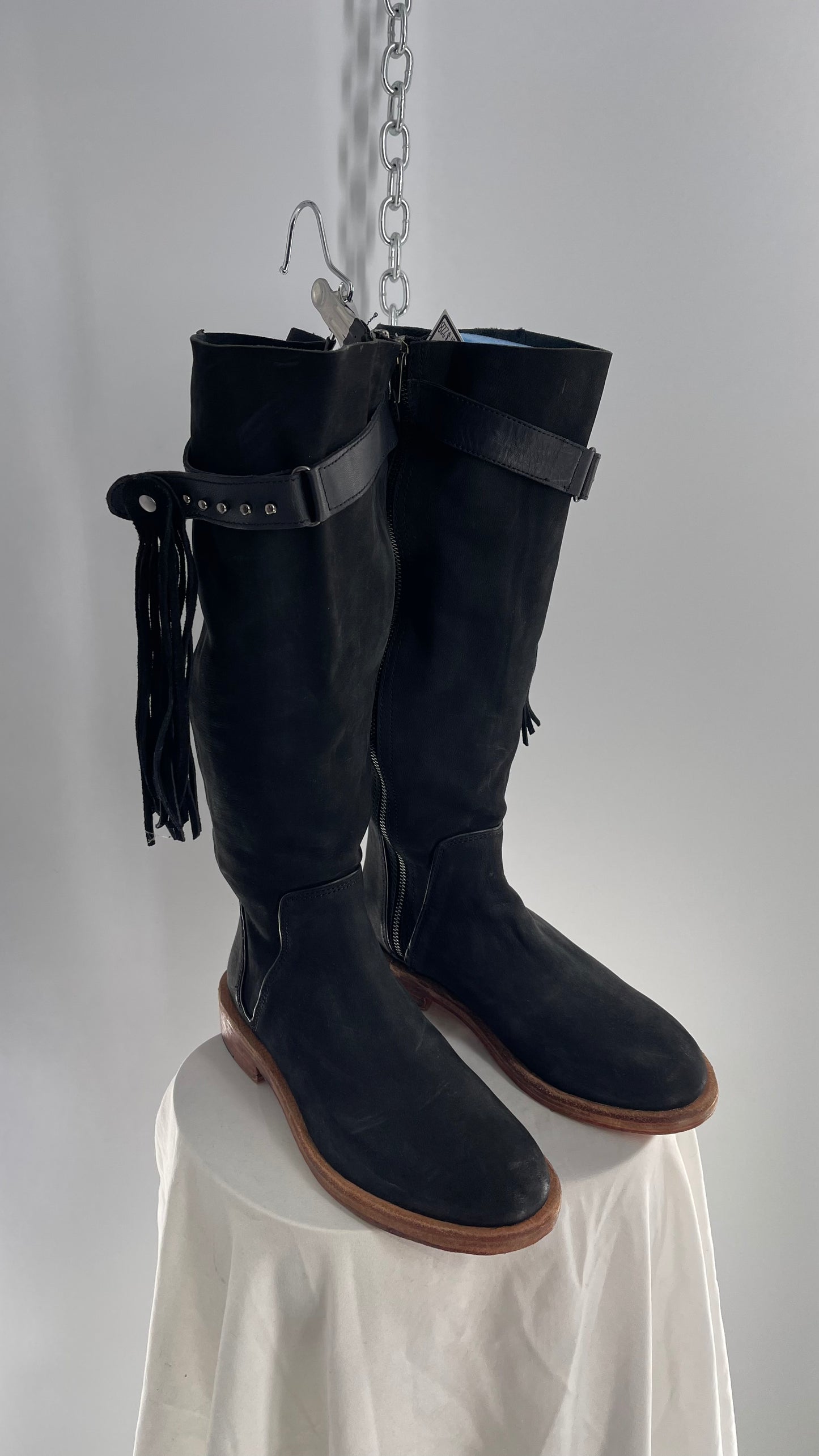 Free People Sayre Banks Slouchy Black Suede Leather Knee High Tassel Side Buckle Boot (38)