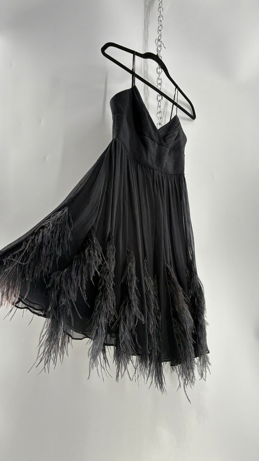 Vintage BCBGMAXAZRIA Crimped Black Dress with Ostrich Feather Details (6)