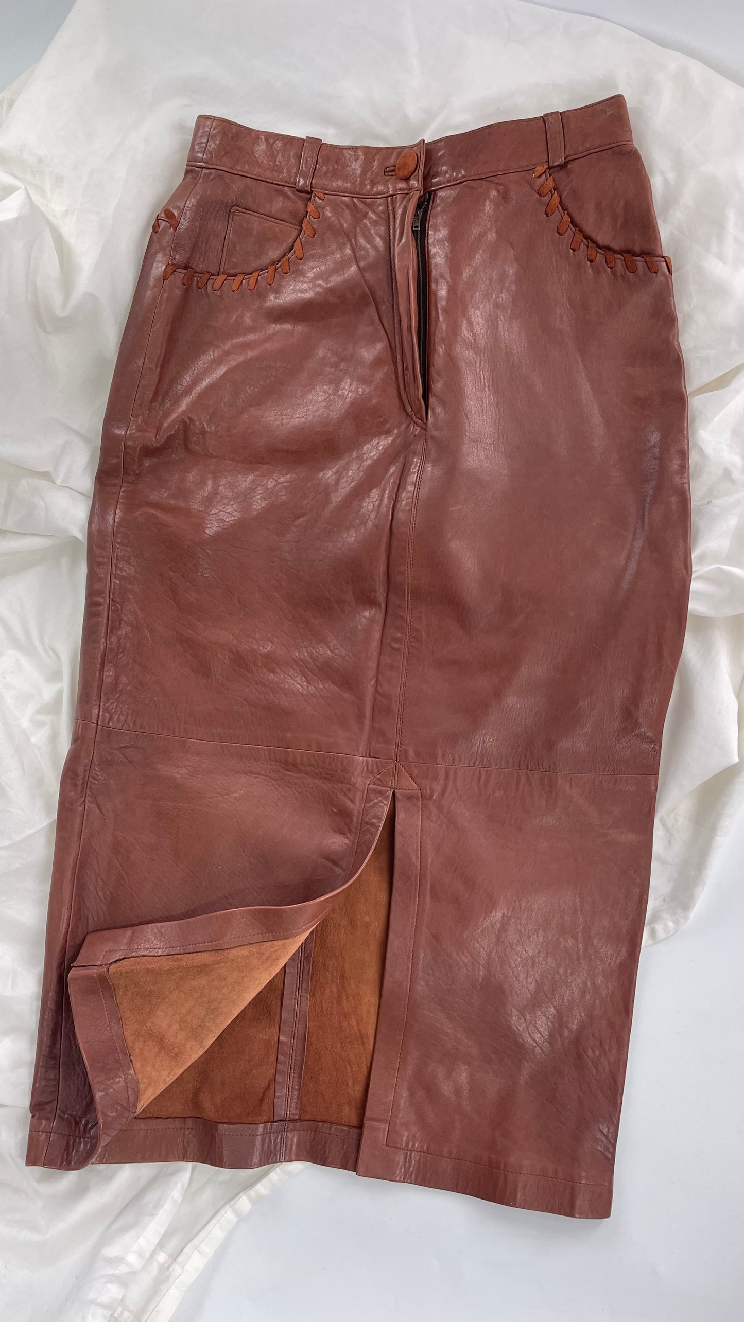 Vintage Diario Italian Brown Leather Long Skirt with Suede Stitch Detail (36)