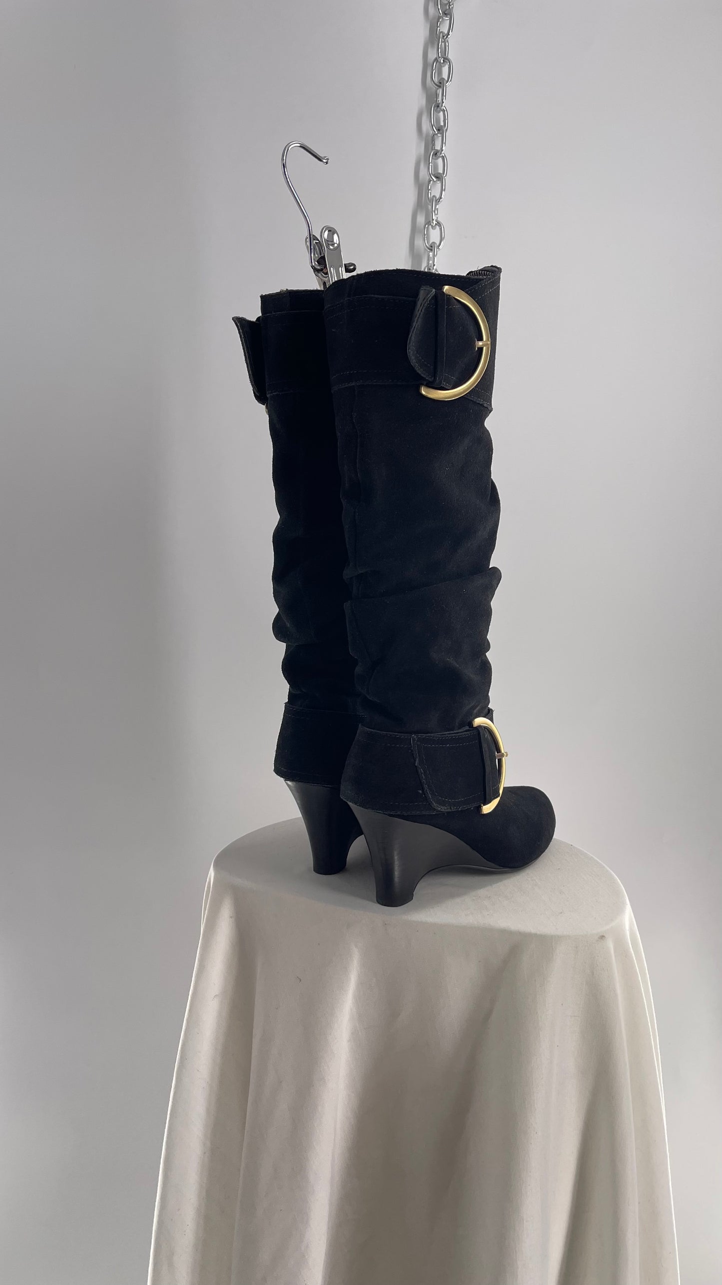 Naughty Monkey Black Suede Wedge Boot with Gold Buckle (7)