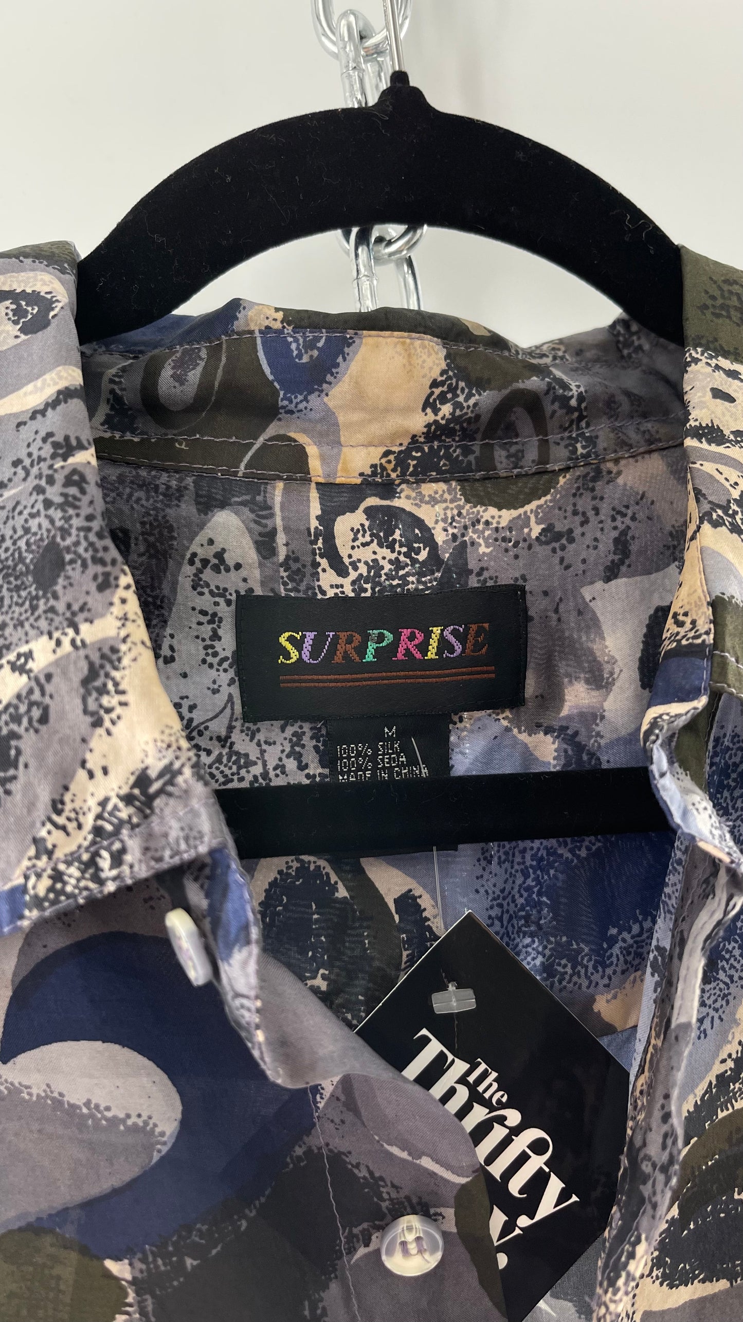 Vintage SURPRISE 100% Silk Blue Green Patterned Short Sleeve Button Up (Medium)