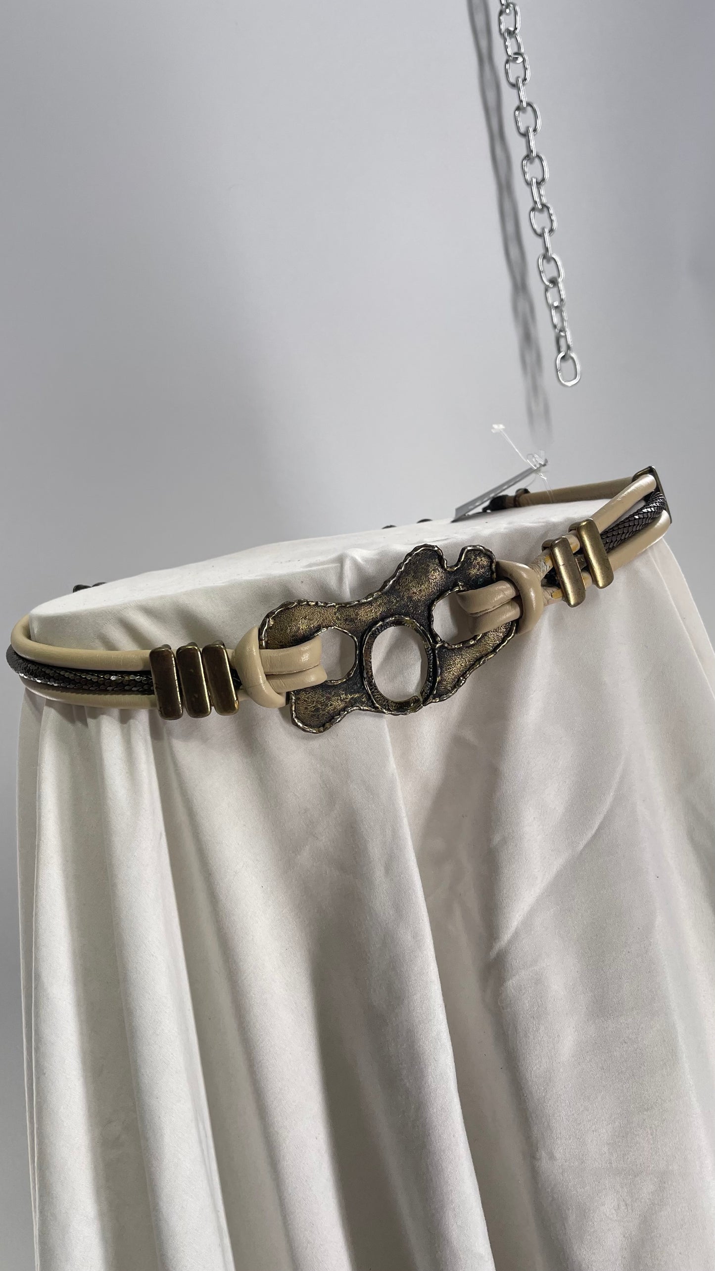 Vintage Abstract Cream Leather, Bronze Metal, Dragon Scale Metal Belt (C)