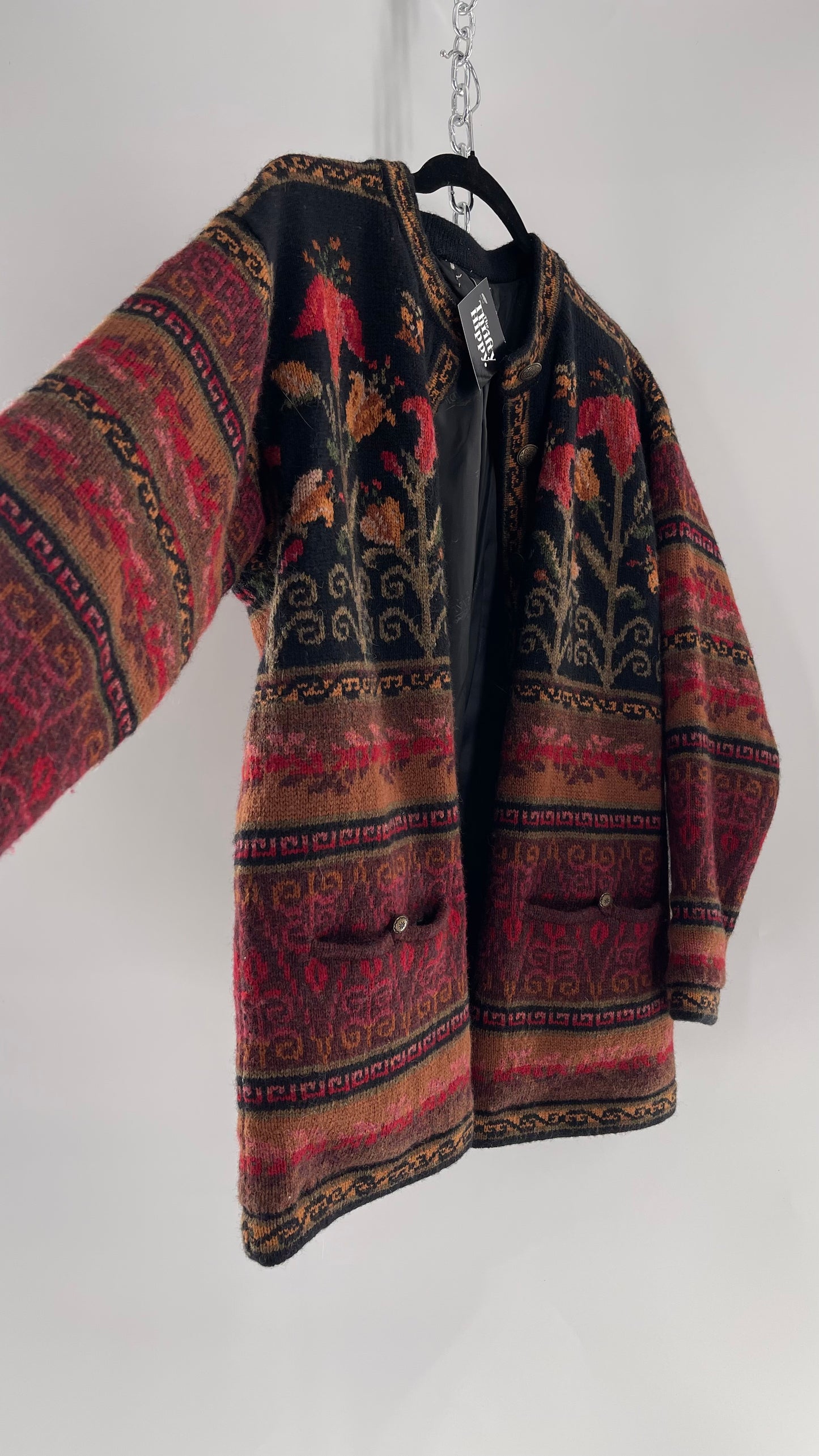 Vintage Iceland Design Wool Jacket with Brass Embossed Buttons and Folk Floral Patterning(C)(Medium)