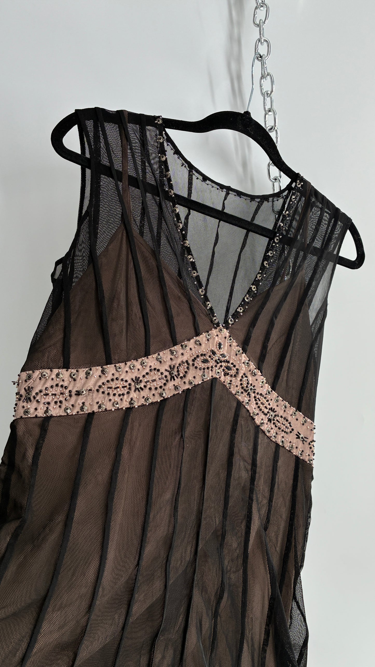 ECI NEW YORK Nude Camisole Dress with Black Mesh Overlay and Beaded Details (8)
