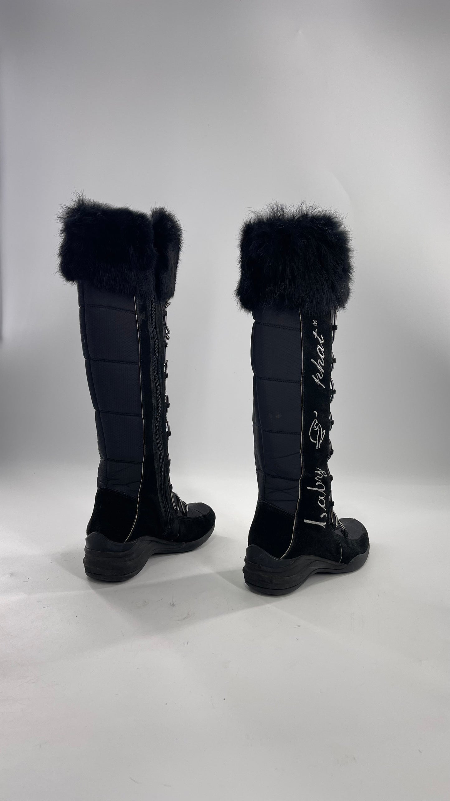 Baby Phat Black Knee High Boots with Rabbit Fur Trim, Bungee Cord Ties, and Embroidered Logo Design (8)