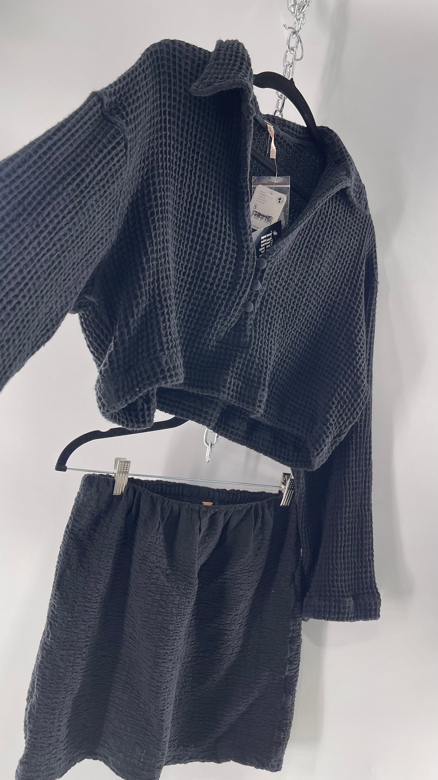 Free People Waffle Knit Black Cropped Button Up and Skirt Set with Tags Attached (Small)