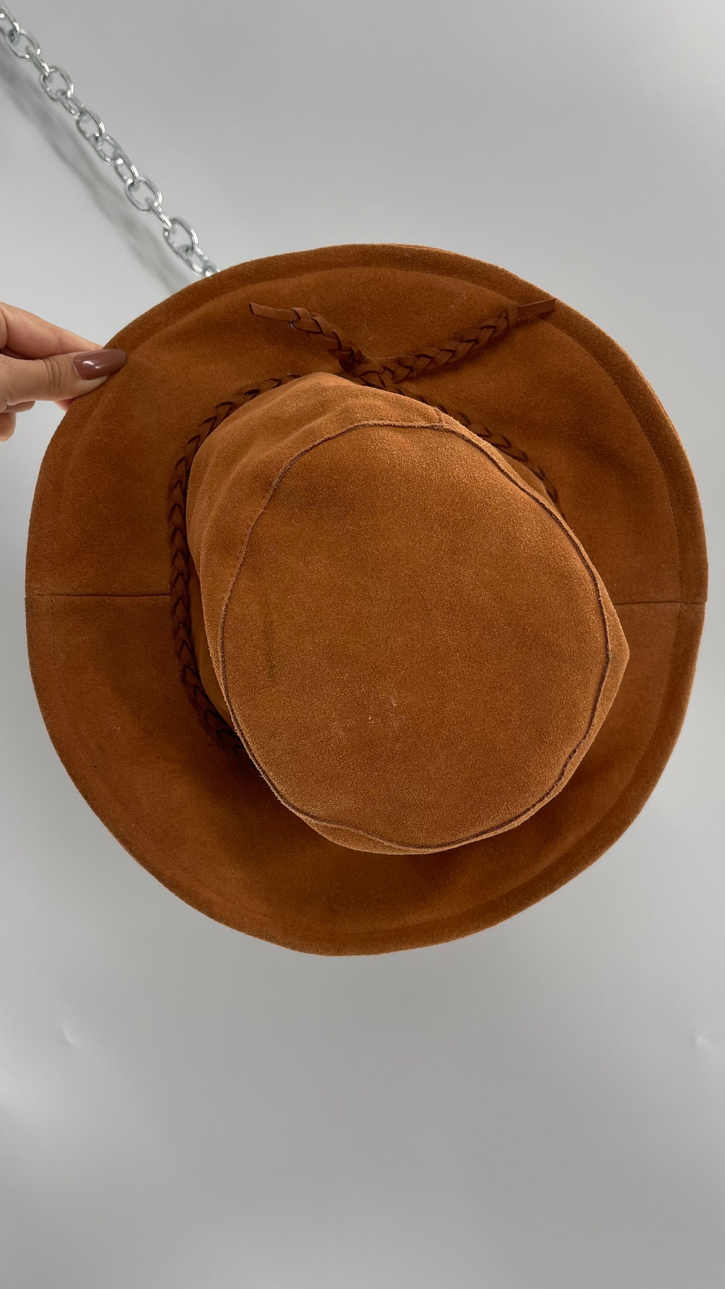 Free People Burnt Orange Suede Genuine Leather Sun Hat with Braided Belt