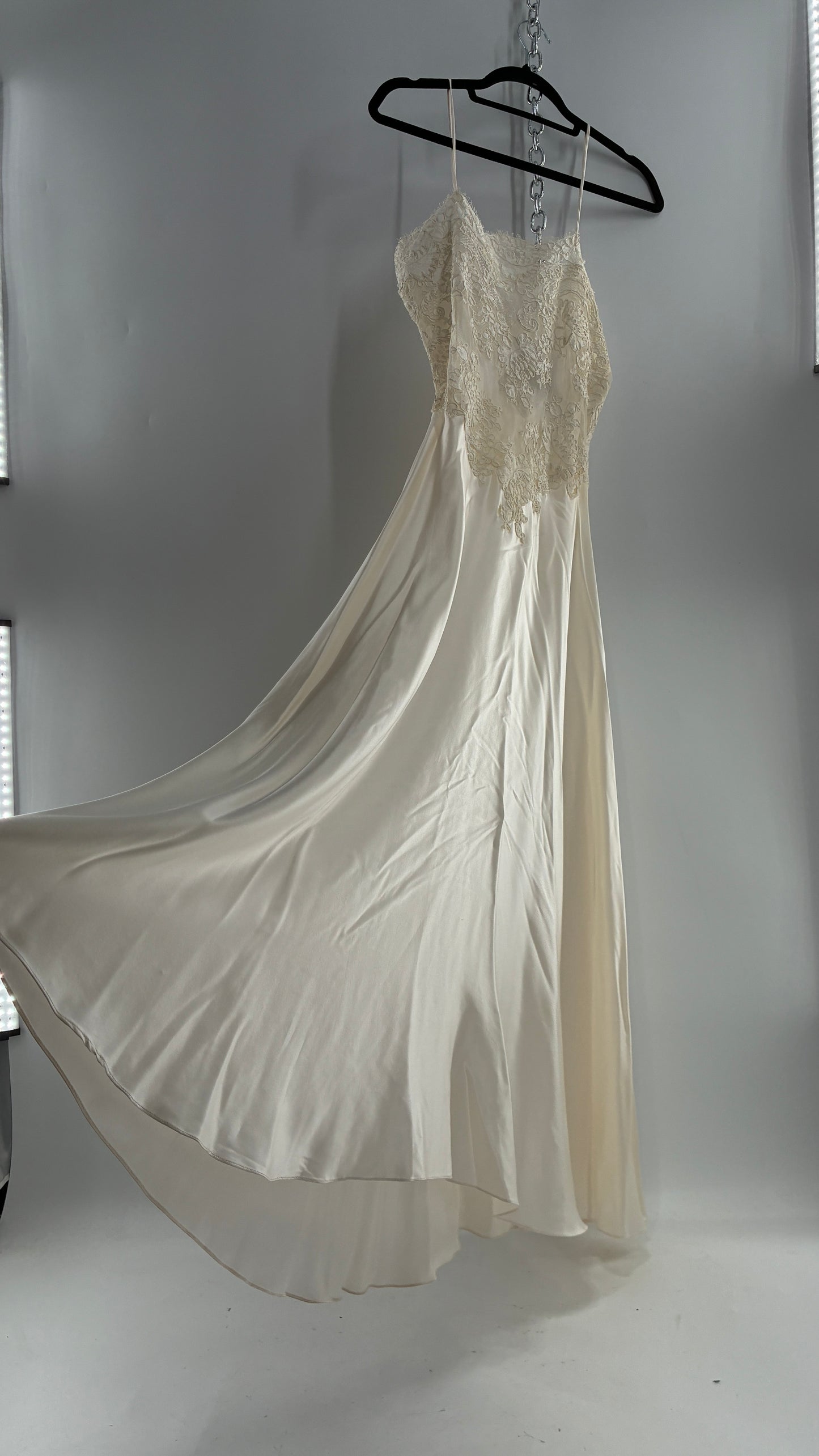Vintage JONQUIL 100% Silk Gown with Heavy Lace Appliqués and Low Cut Sheer Back (Medium)