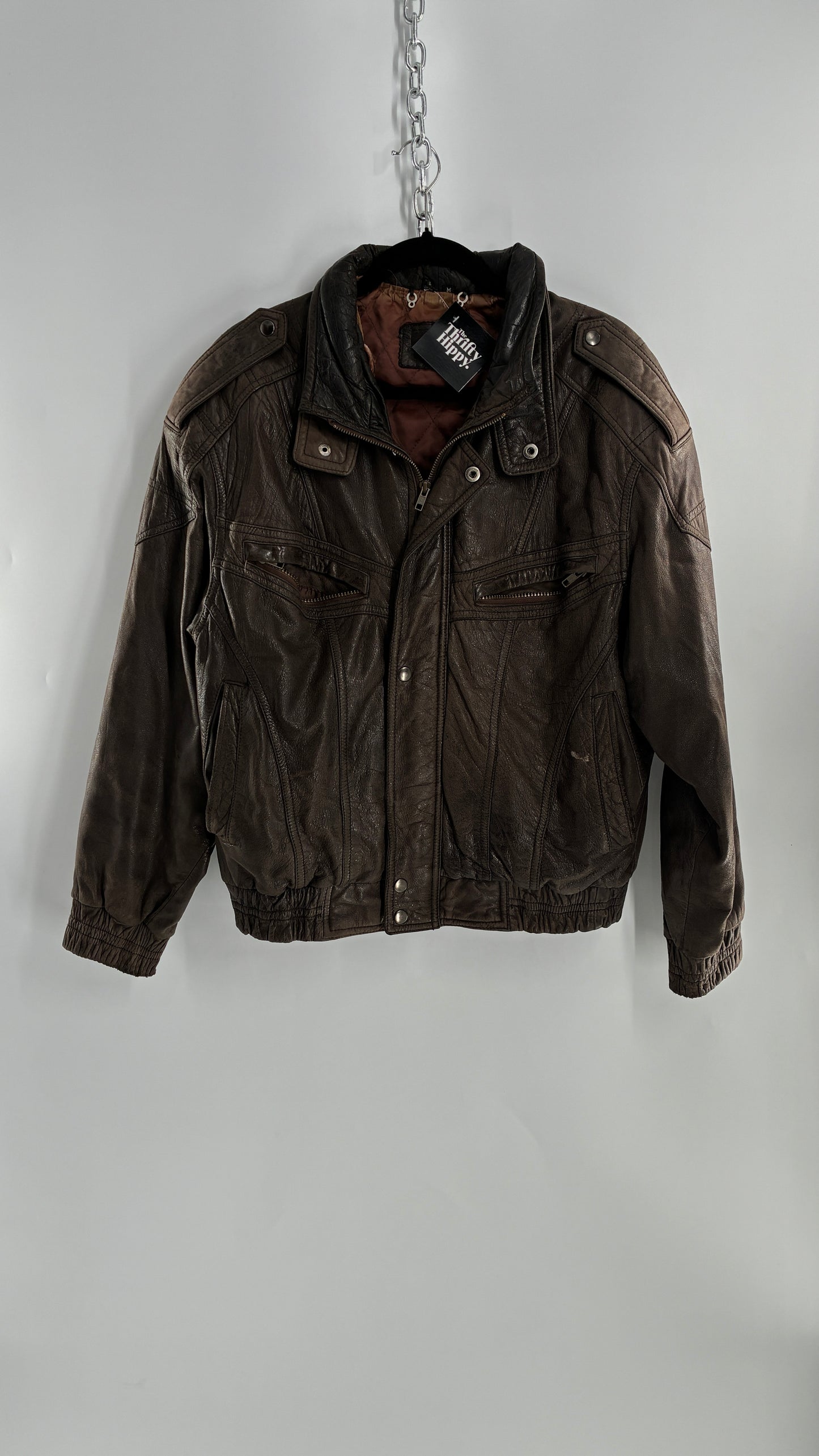 Vintage SAXONY Distressed Leather Bomber Jacket (Medium)