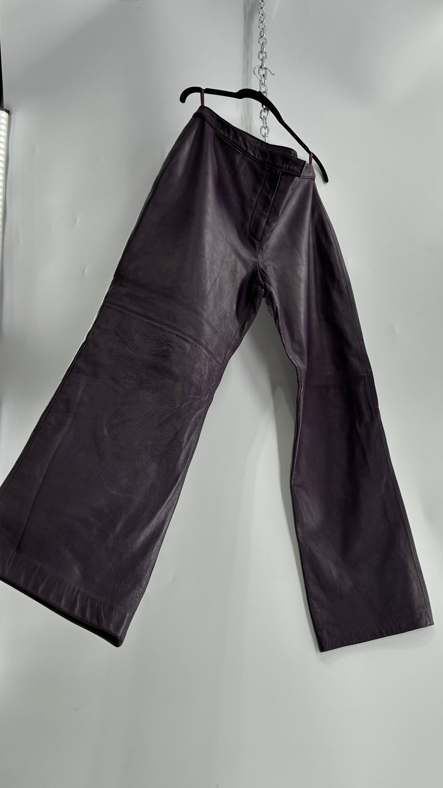 Vintage SHIN CHOI Genuine Italian Leather Purple Side Closure Low Rise Pants (12)