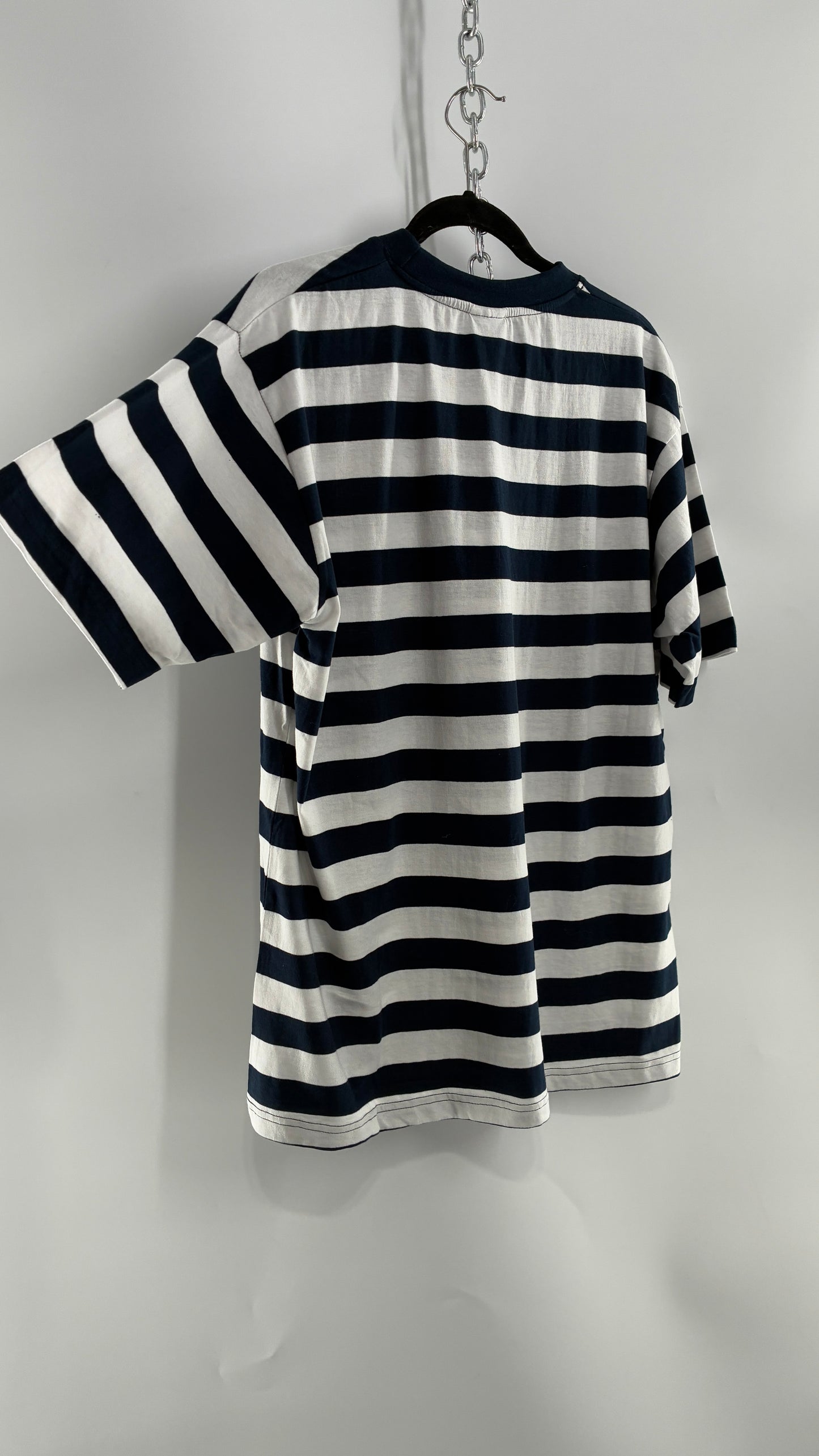 Vintage VENEZIA Striped Navy Short Sleeve with Gold Embroidery Designed in Italy (Large)
