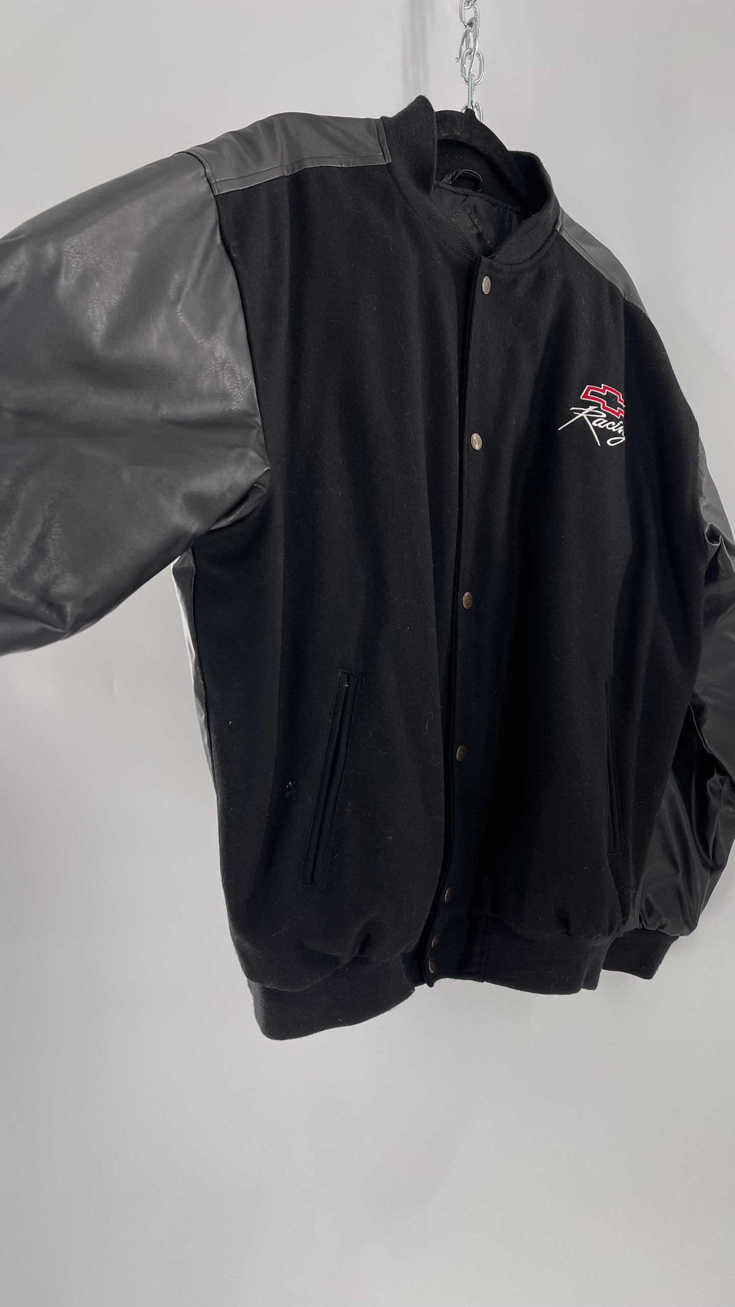 Vintage Chevy Racing Varsity Bomber Jacket with Red Logo Embroidery (Large)