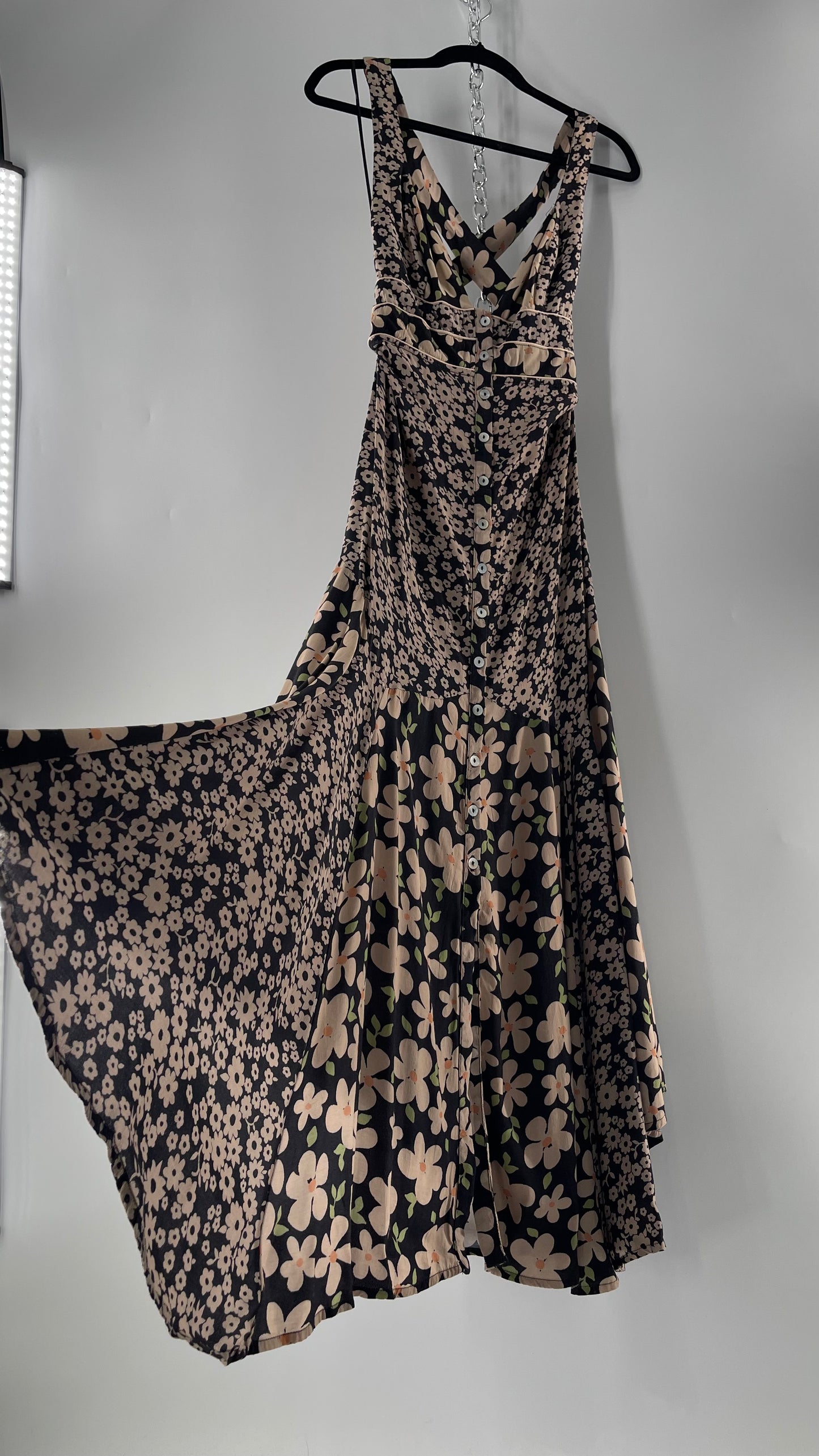 Free People Daisy Mixed Pattern Black/Beige Button Front Full Length Dress (XS)