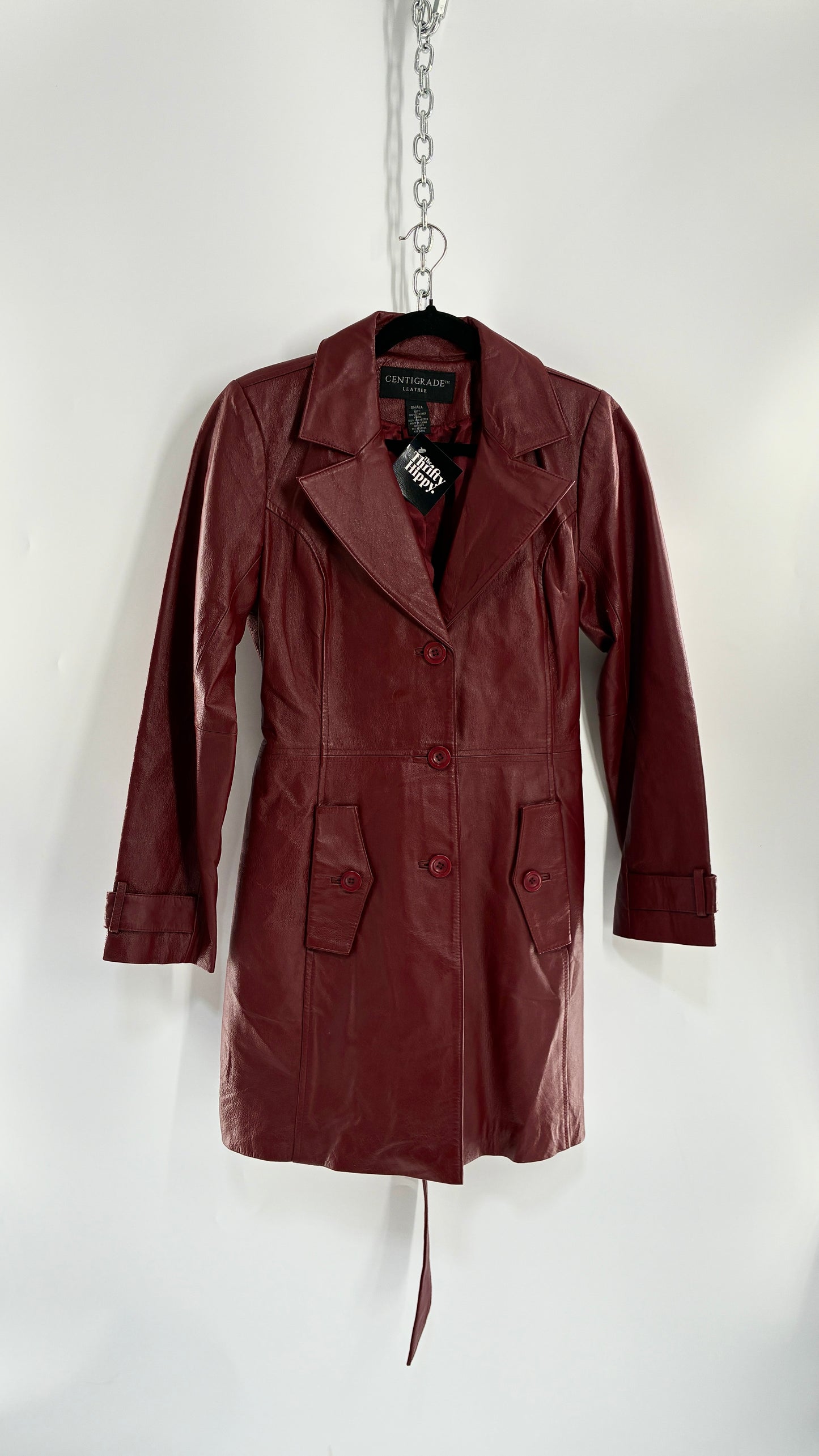 Vintage 1990s CENTIGRADE Red Crimson Genuine Leather Trench Coat (Small)