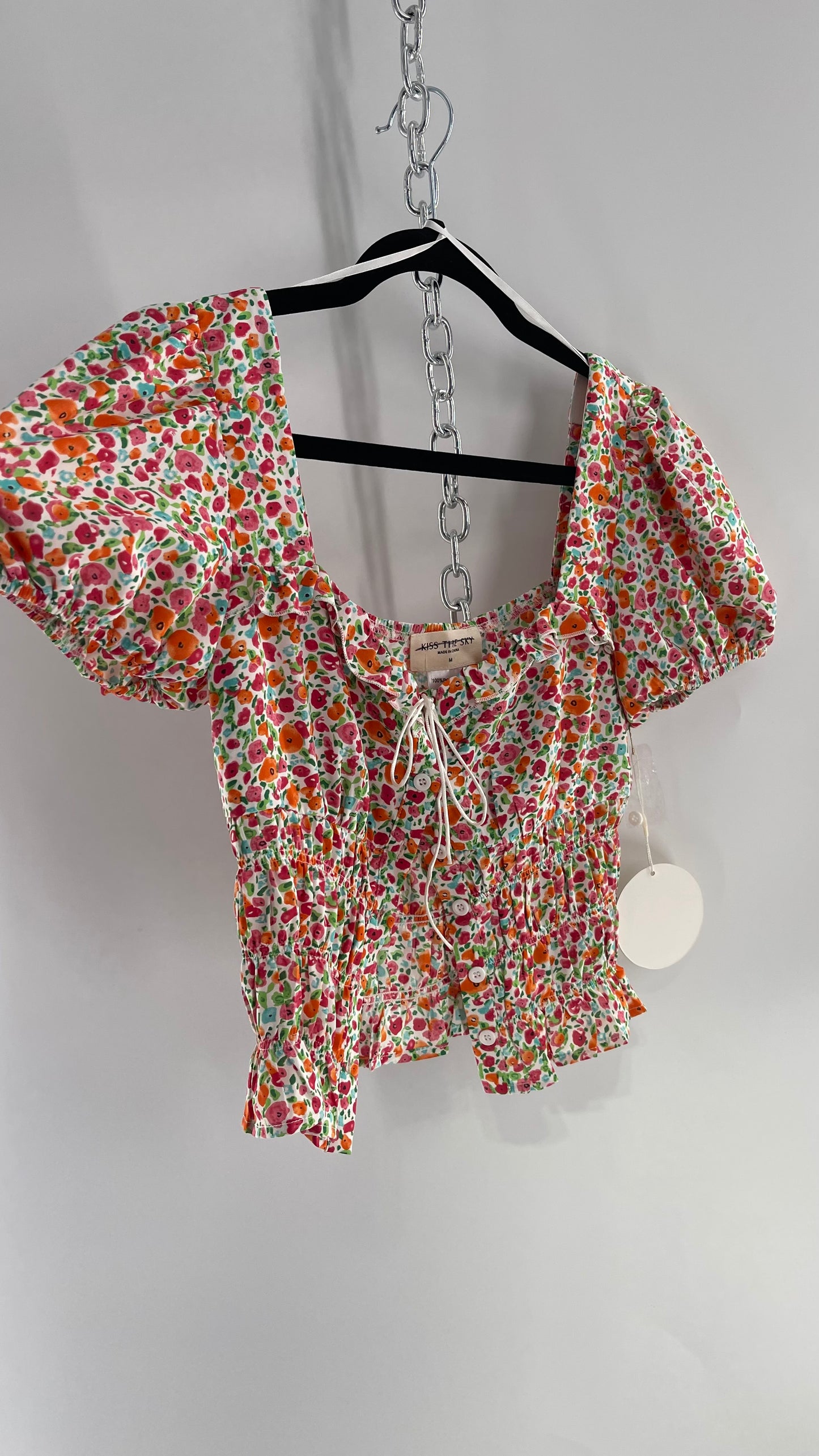 Free People Kiss The Sky Ribbon Bust Floral Prairie Top (Medium)