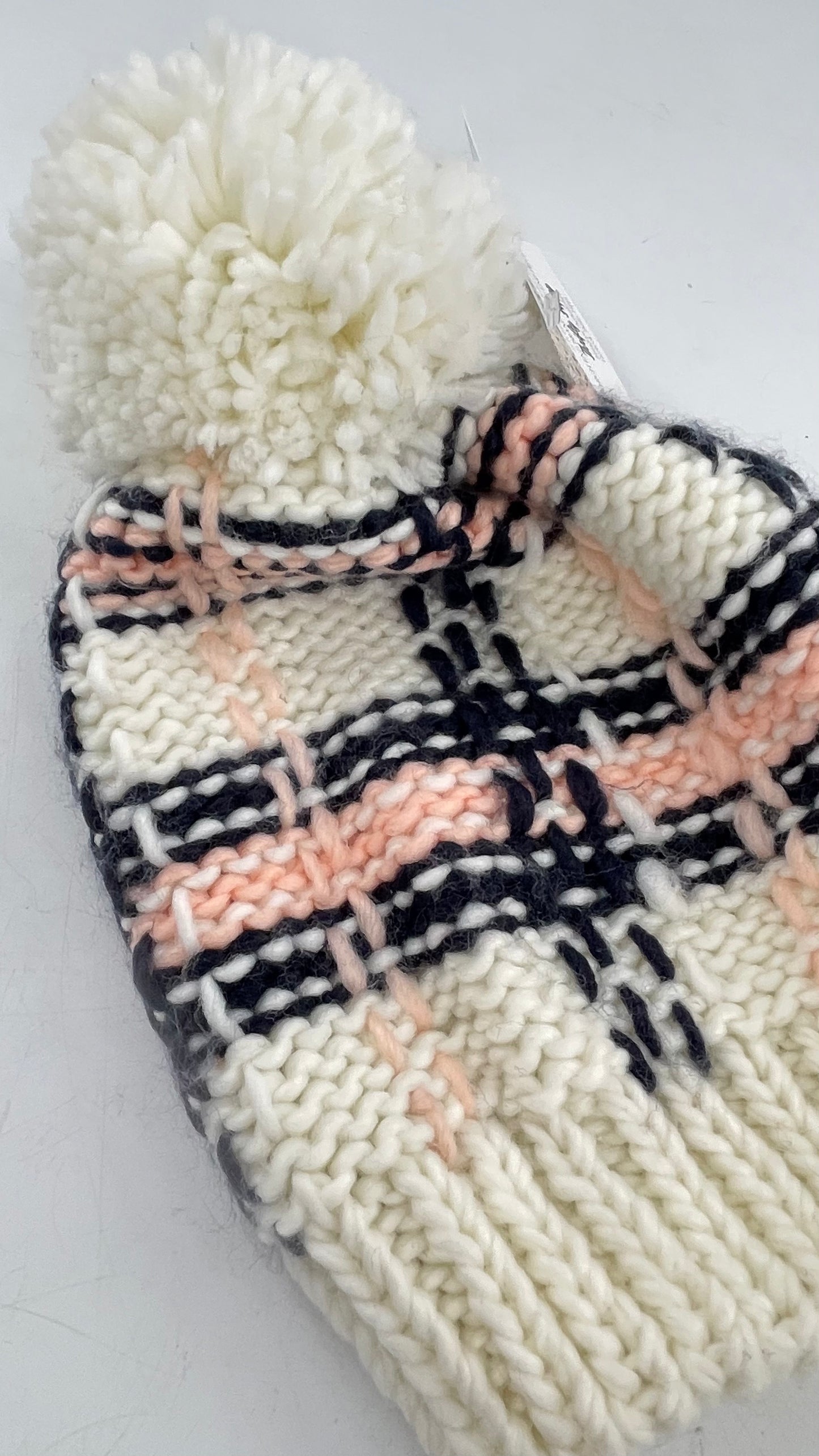 Pink Navy Plaid Patterned White Knit Beanie with Pom