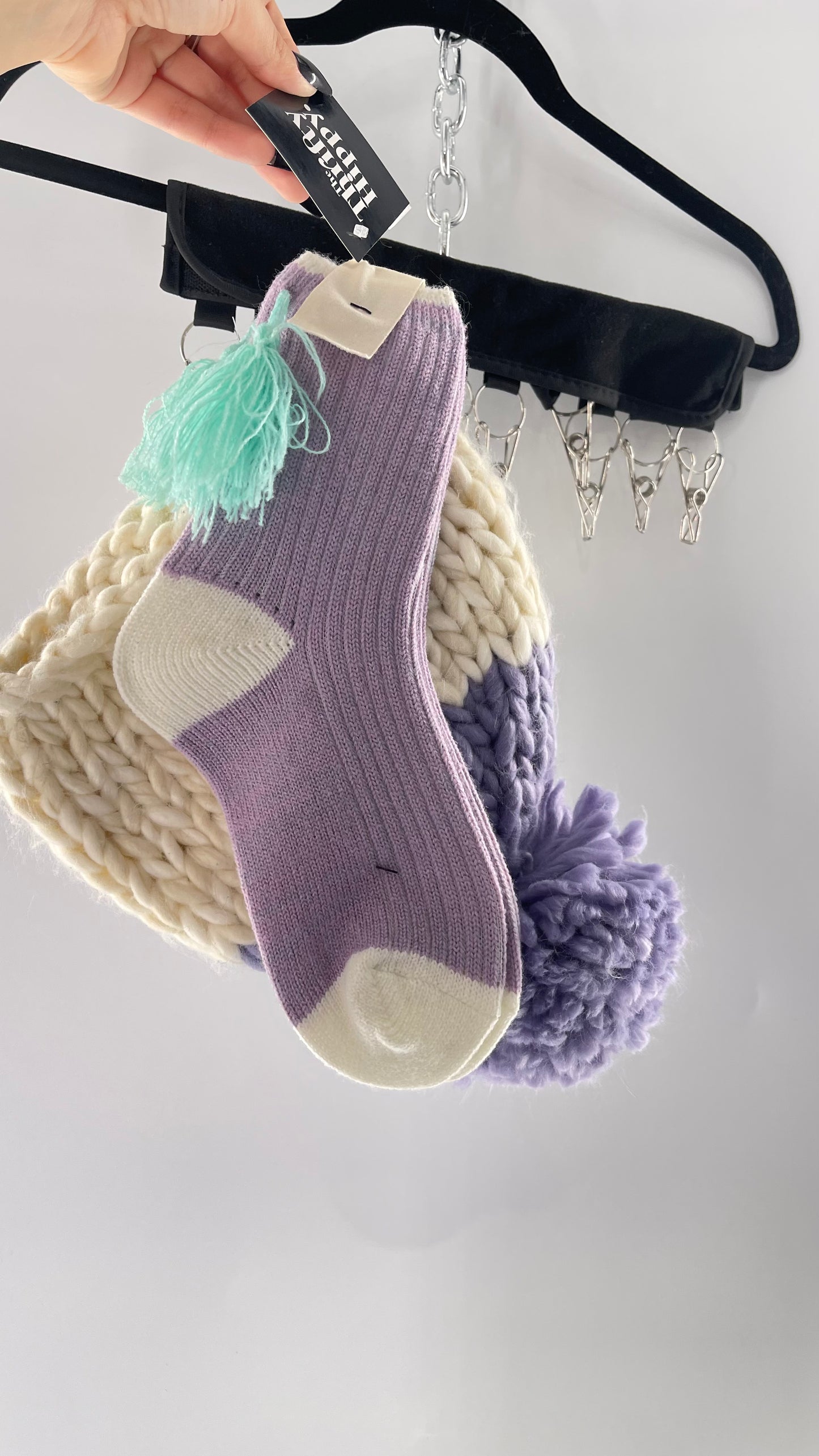 Free People Lavender Purple and White Knit Beanie and Sock Set