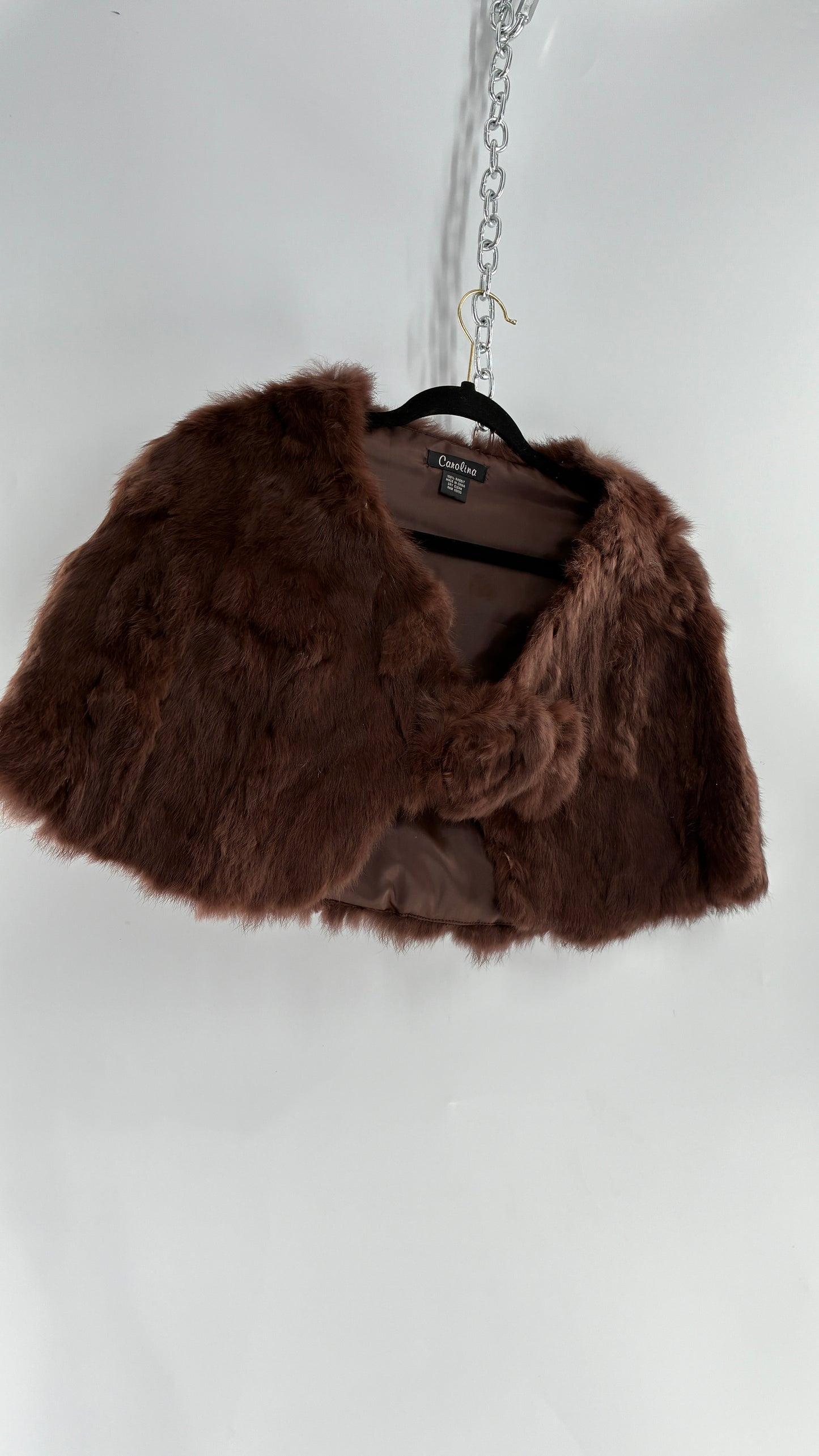 Vintage CAROLINE 100% Rabbit Fur Brown Shrug Cape with Oversized Round Buckle (One Size)