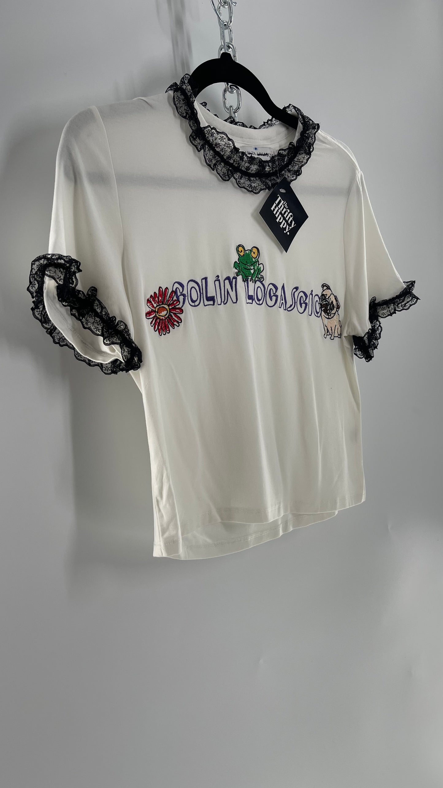 Colin Locascio Tannie T Shirt White Black Lace Ruffle Sleeves Frog Embroidery (Small)