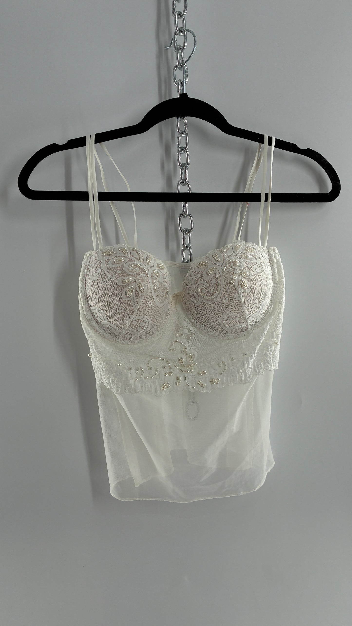Vintage LA FRESCA White Lace Bustier Babydoll with Mesh Bodice and Beaded Cups/Band (Large)